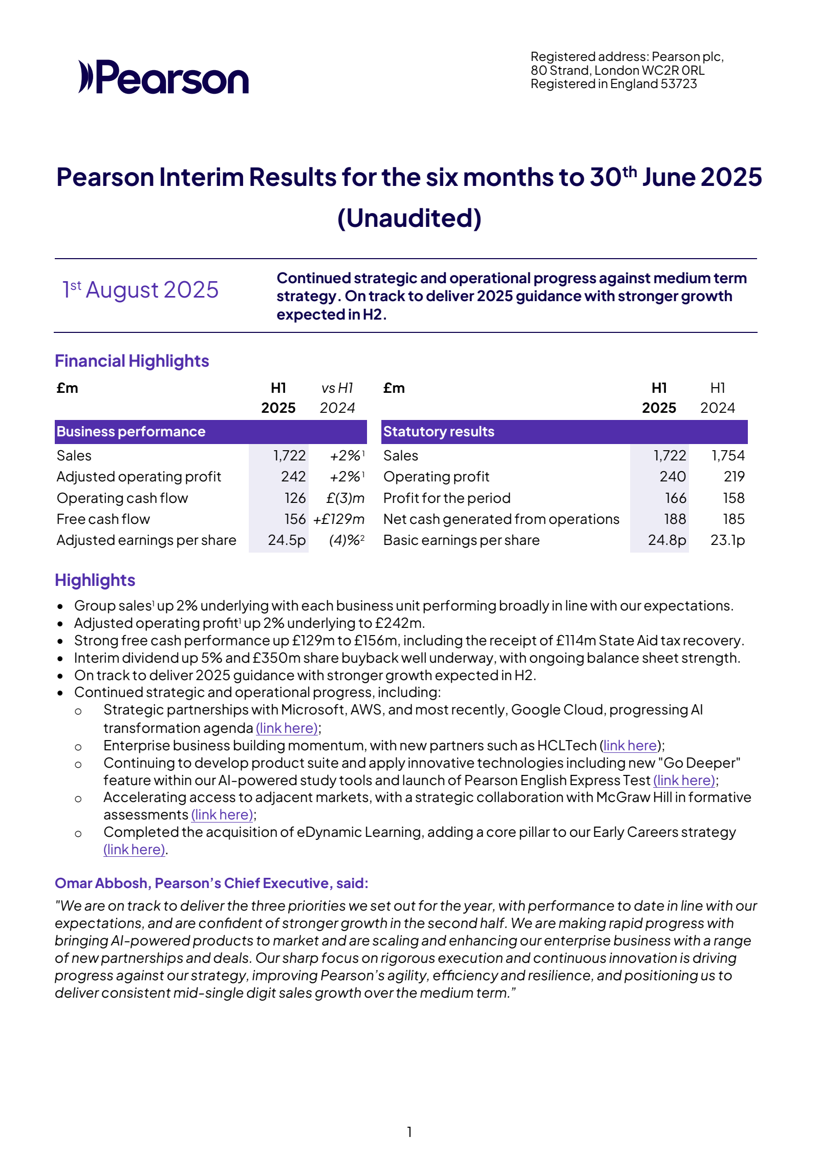 Pearson's H1 2025 Interim report