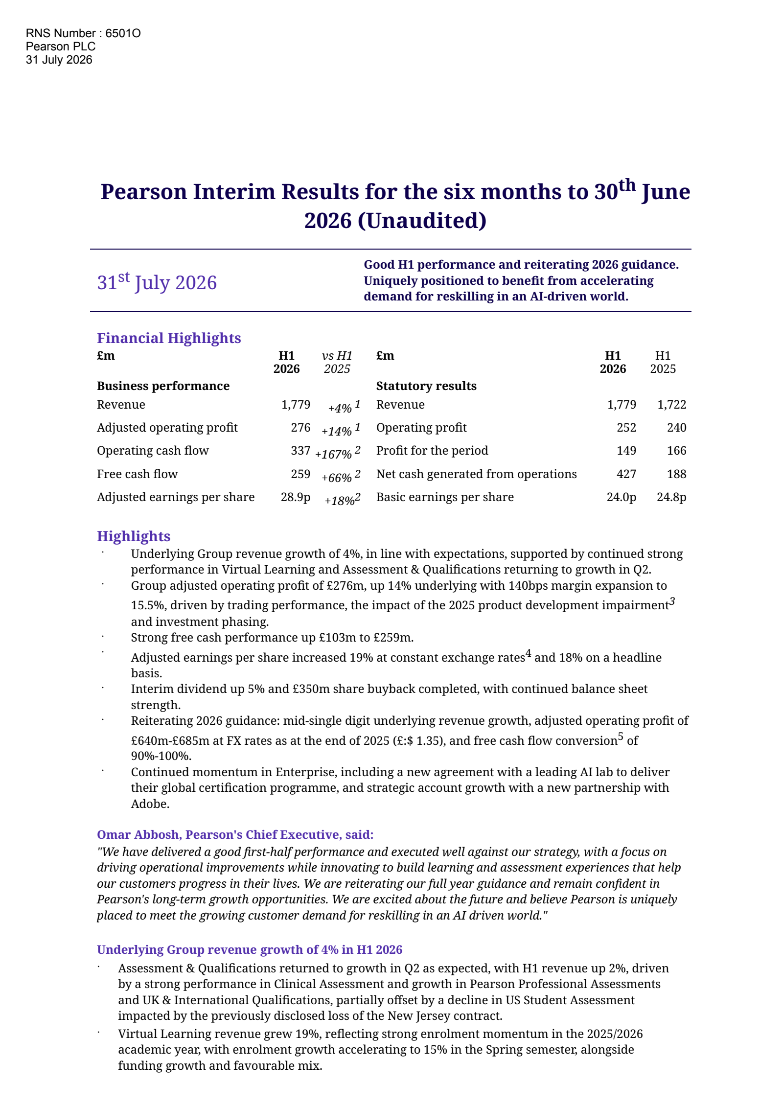 Pearson's H1 2026 Interim report
