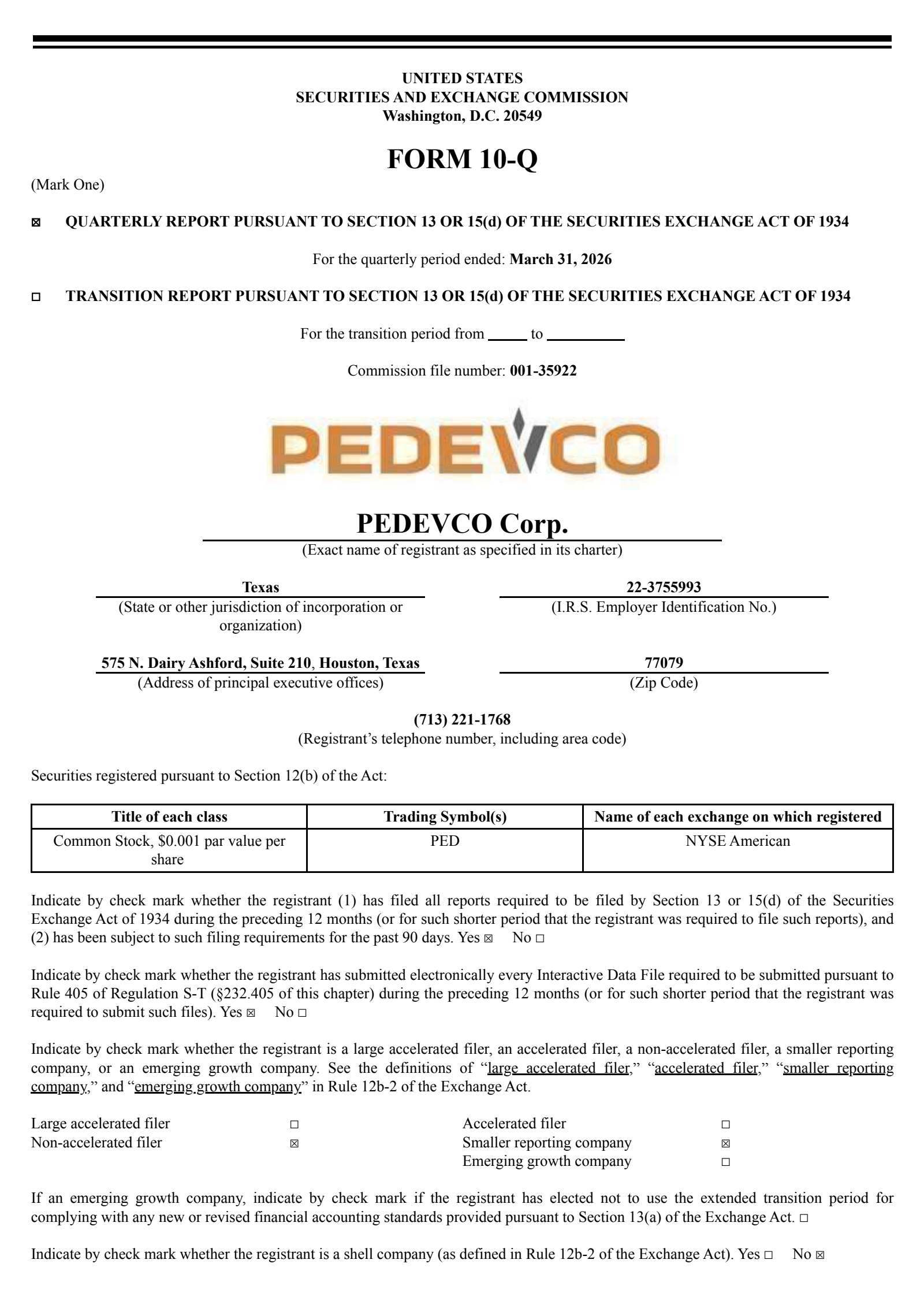 Pedevco's Q1 2026 Quarterly report
