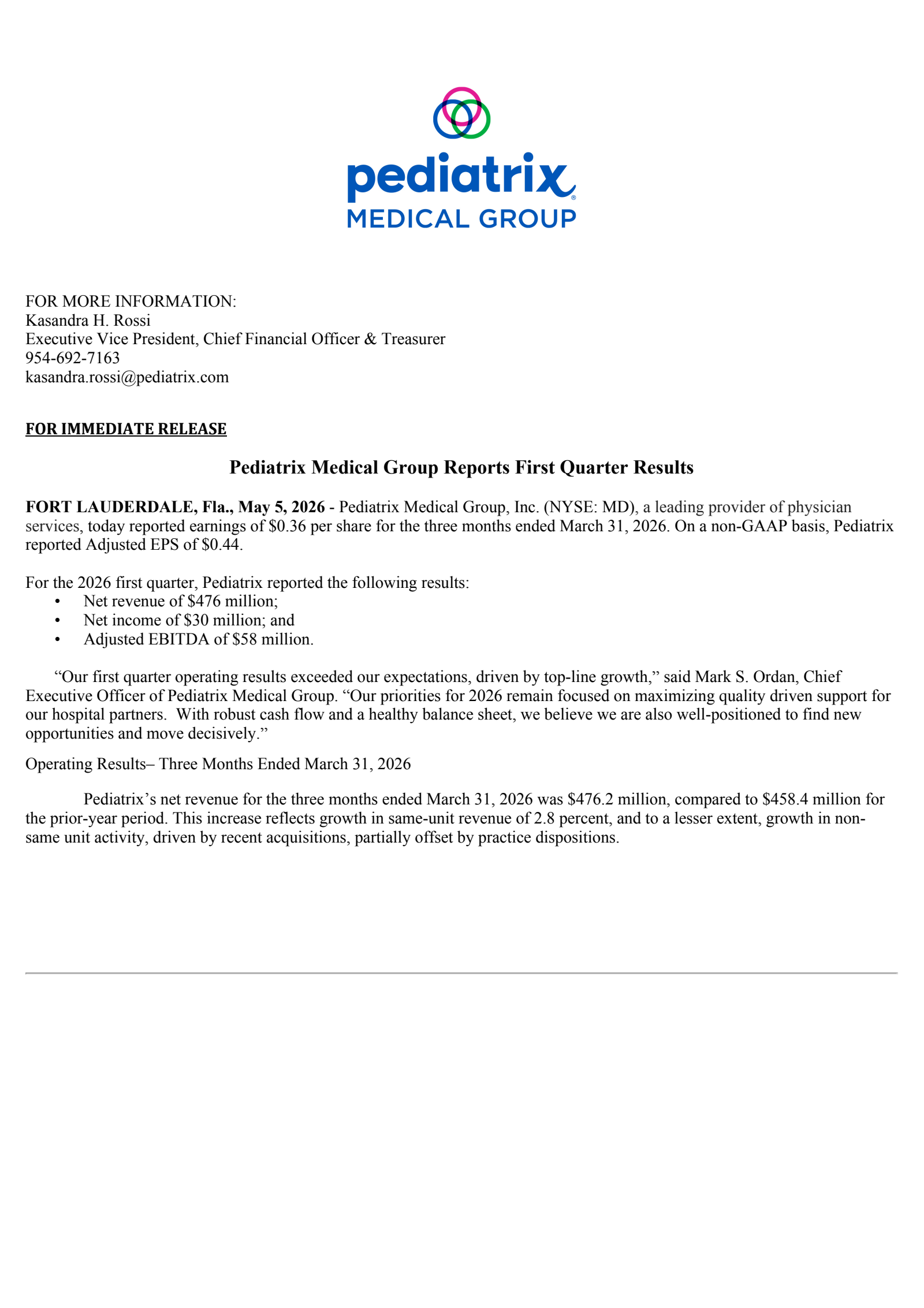 Pediatrix Medical Group's Q1 2026 Press Release