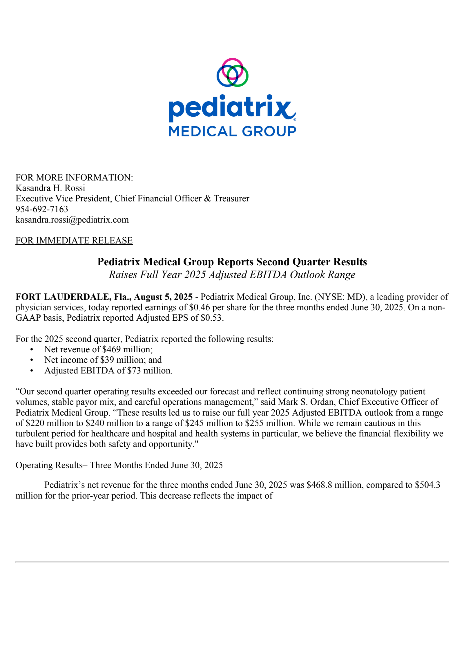 Pediatrix Medical Group's Q2 2025 Press Release