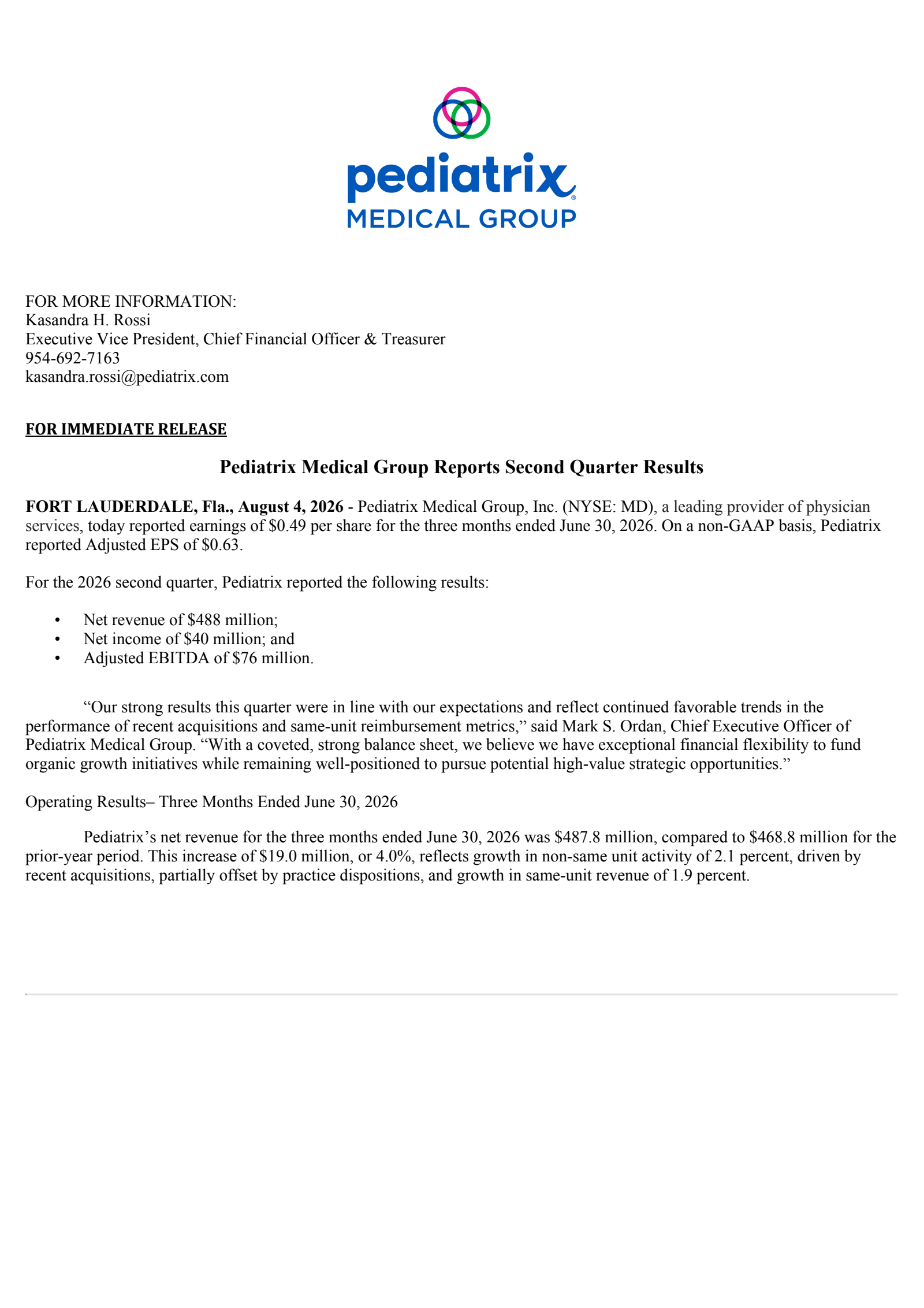 Pediatrix Medical Group's Q2 2026 Press Release