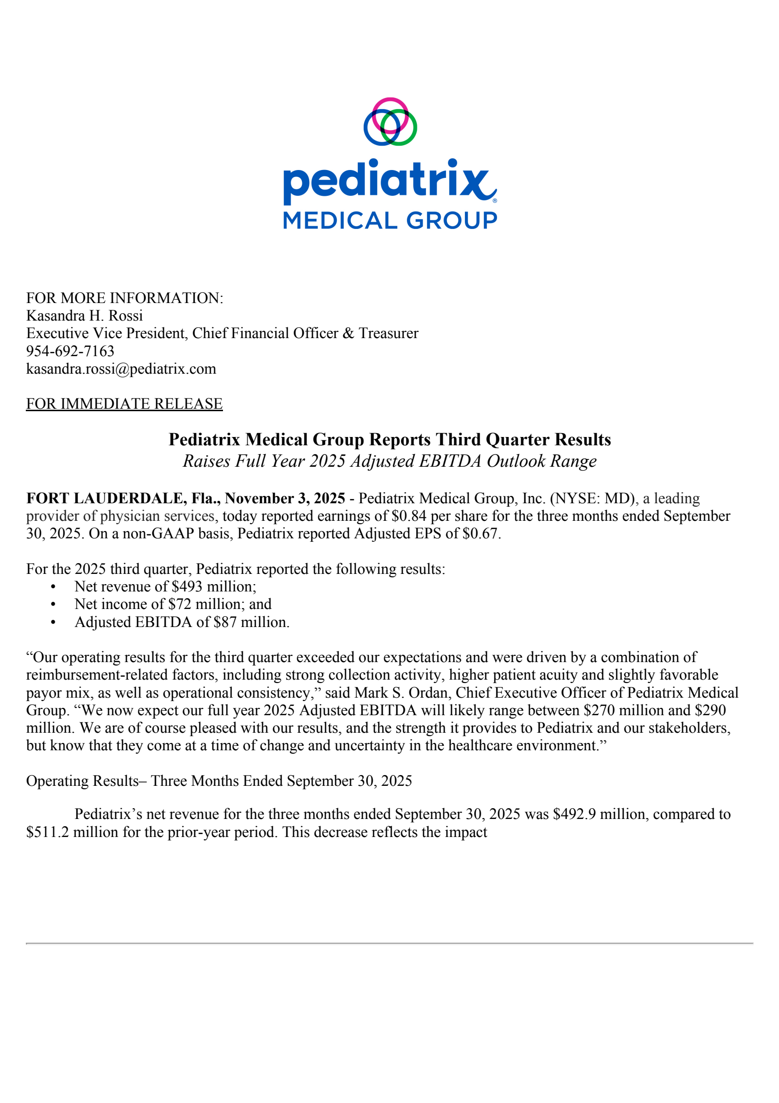 Pediatrix Medical Group's Q3 2025 Earnings Release
