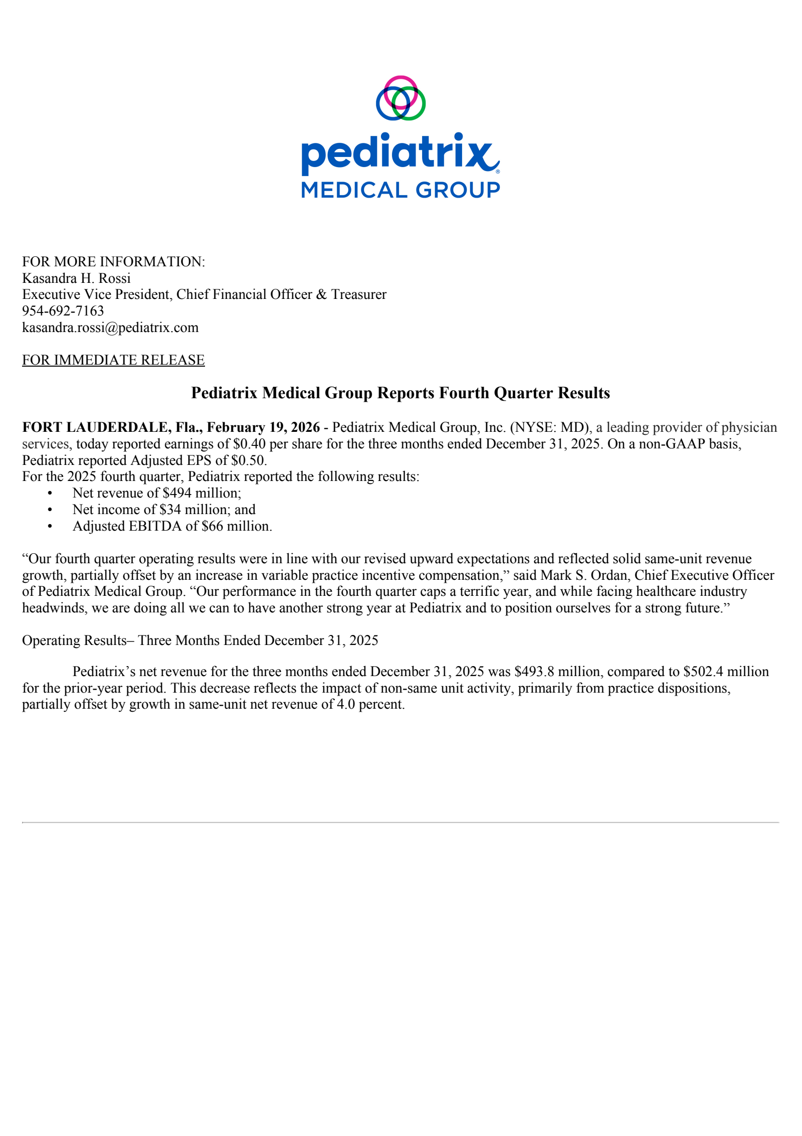 Pediatrix Medical Group's Q4 2025 Press Release