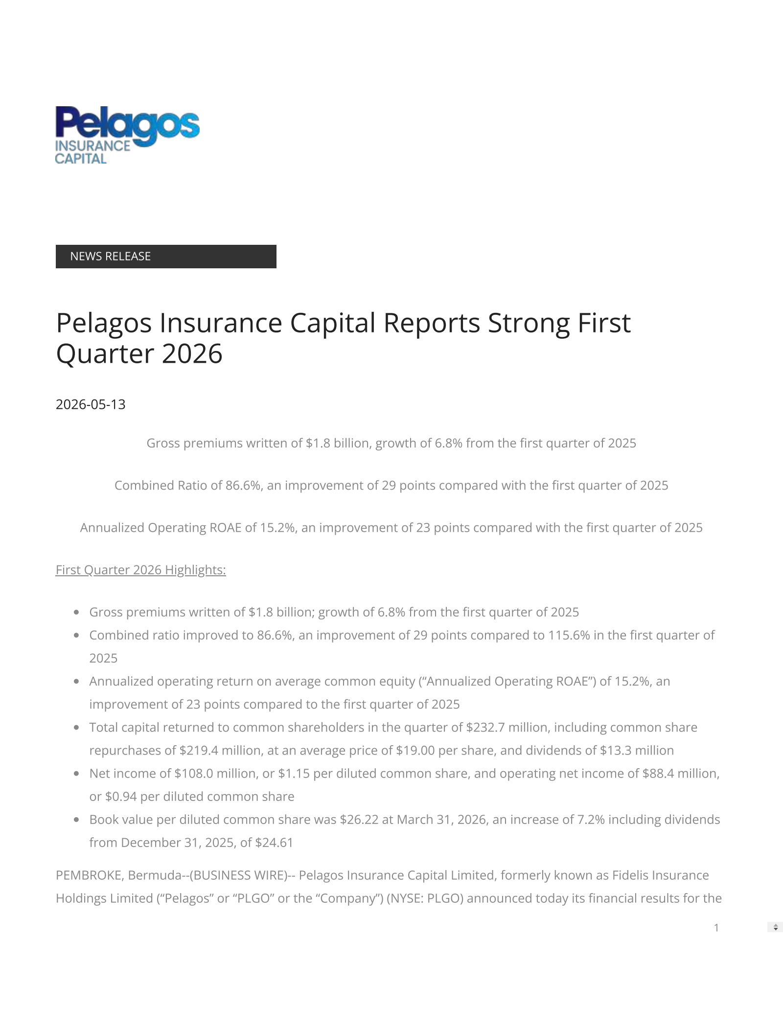 Fidelis Insurance's Q1 2026 Press Release