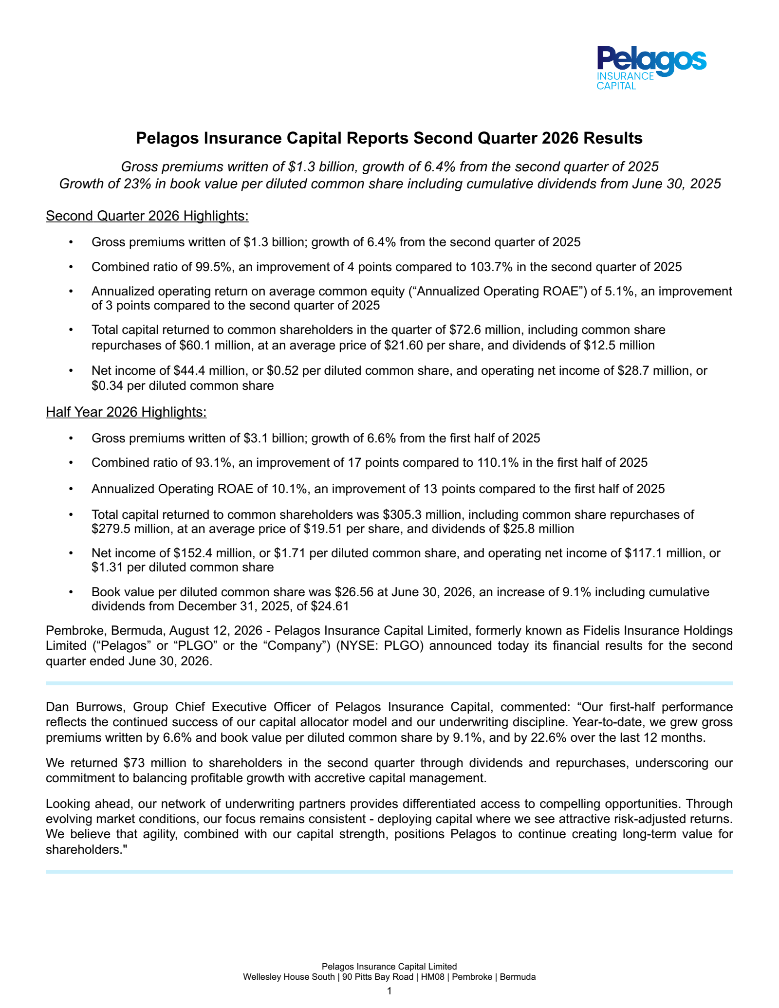 Fidelis Insurance's Q2 2026 Press Release