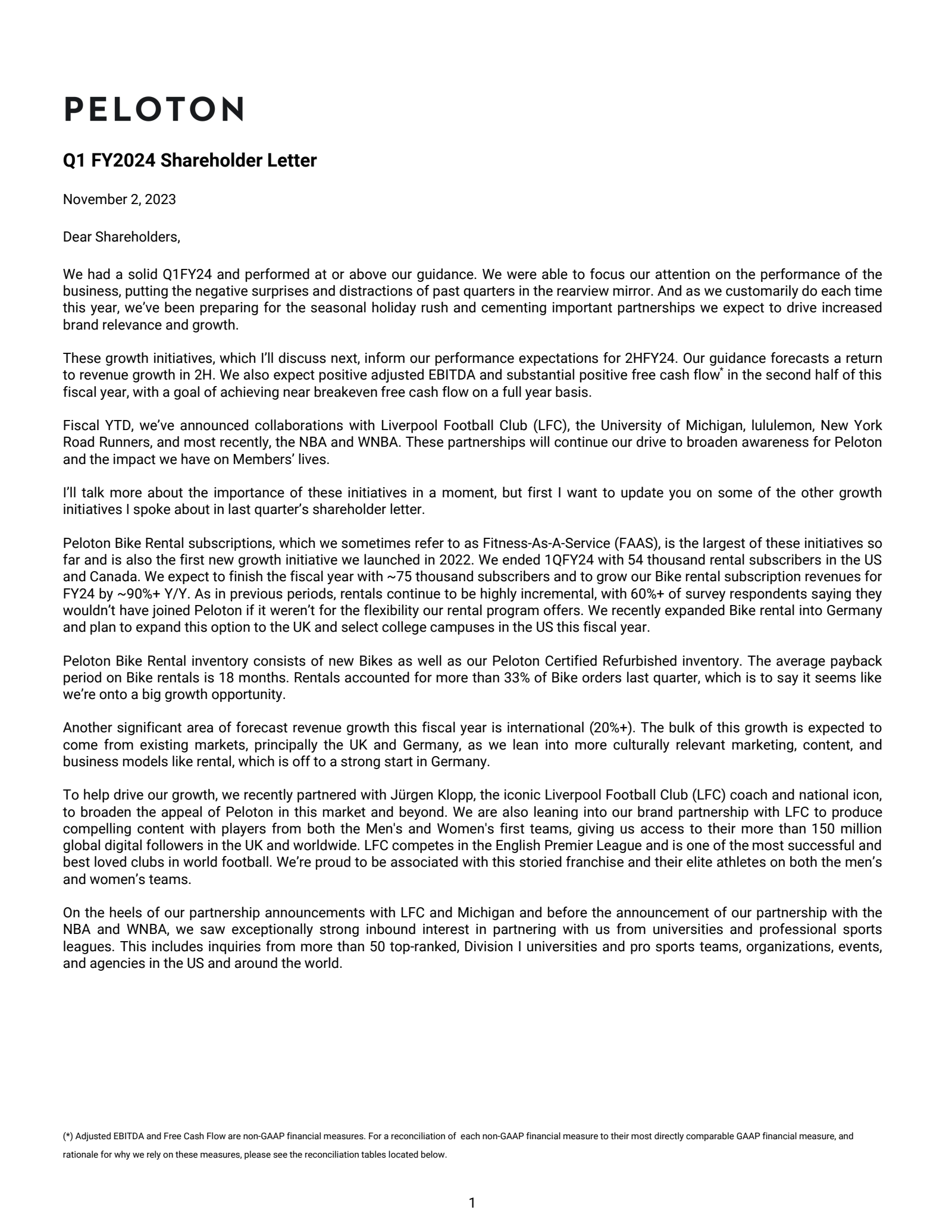 Peloton Interactive's Q1 2024 Press Release