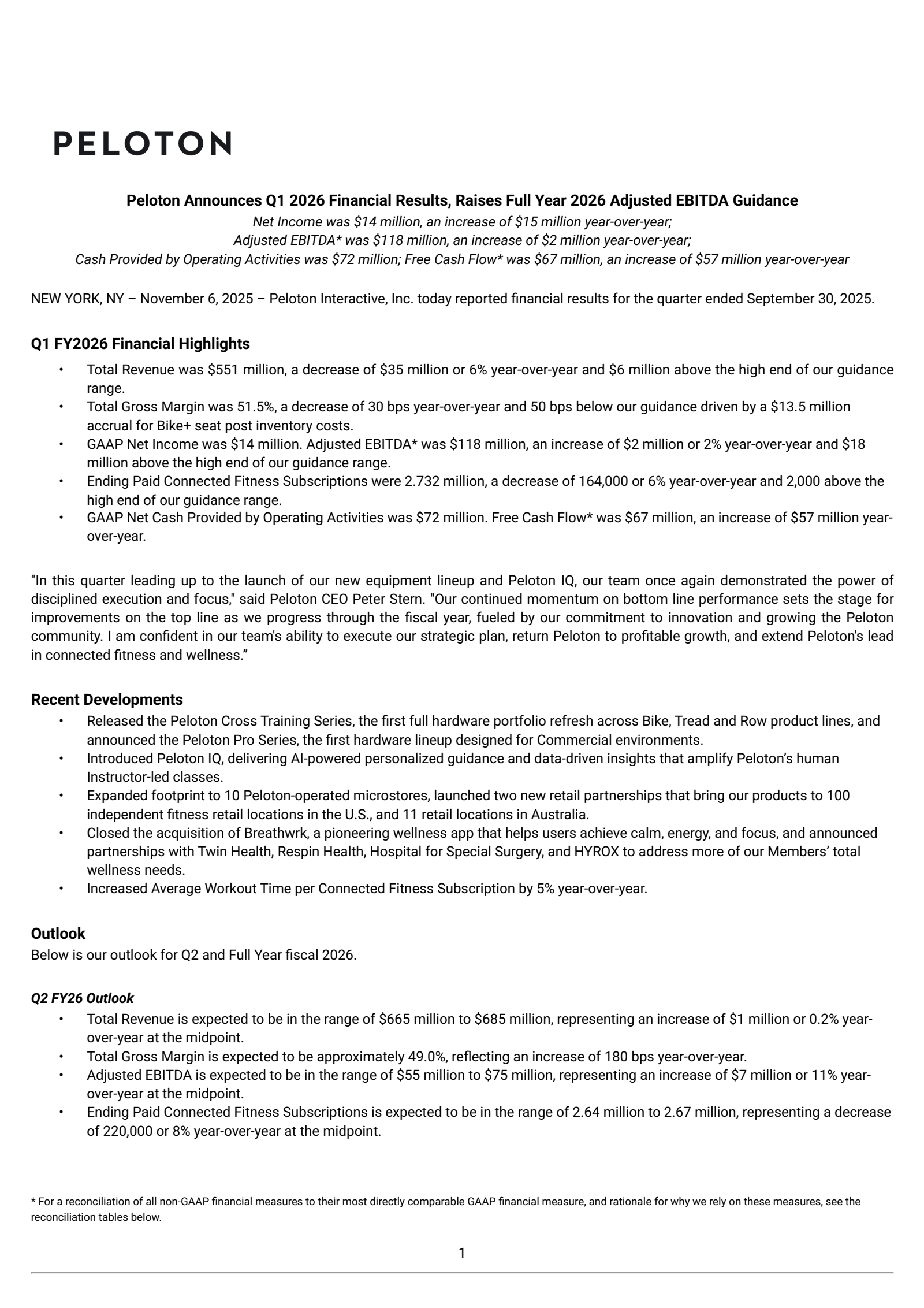 Peloton Interactive's Q1 2026 Earnings Release
