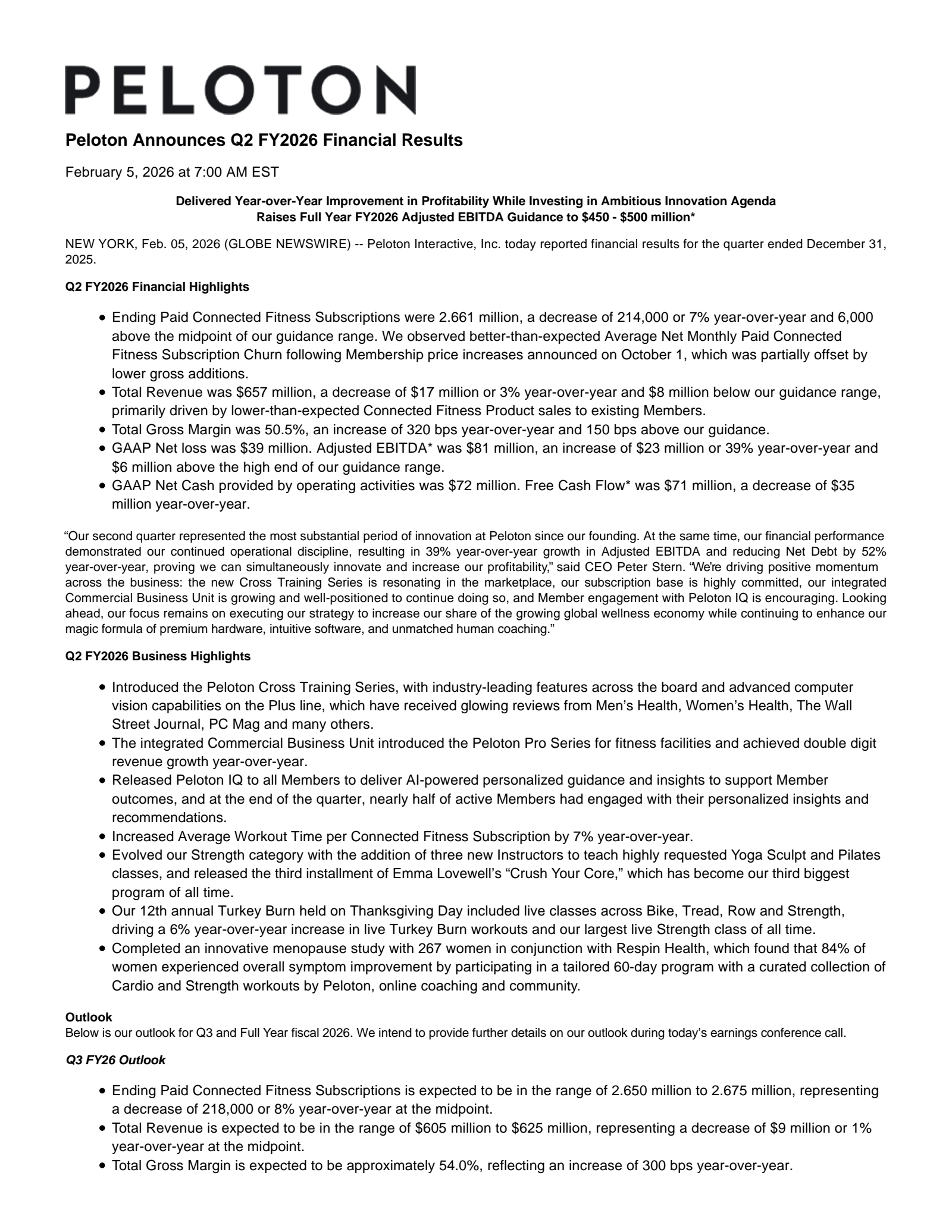 Peloton Interactive's Q2 2026 Press Release