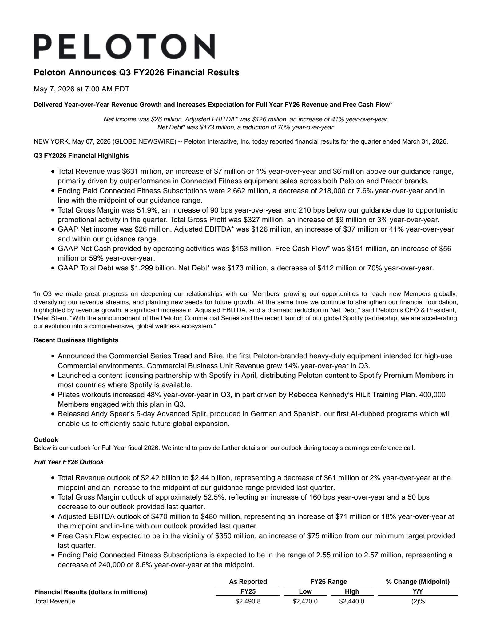 Peloton Interactive's Q3 2026 Press Release