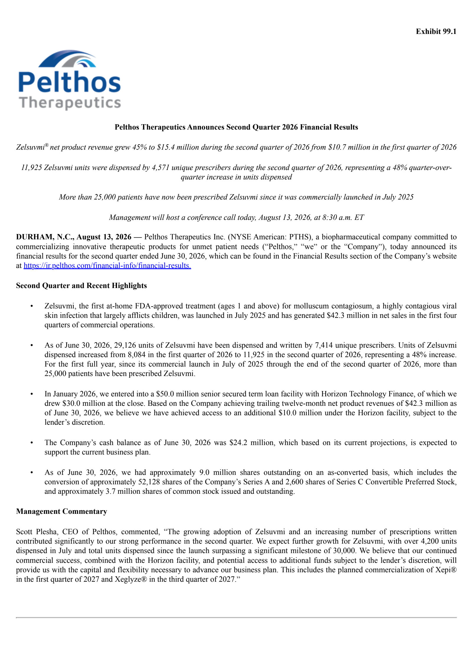 Pelthos Therapeutics' Q2 2026 Press Release