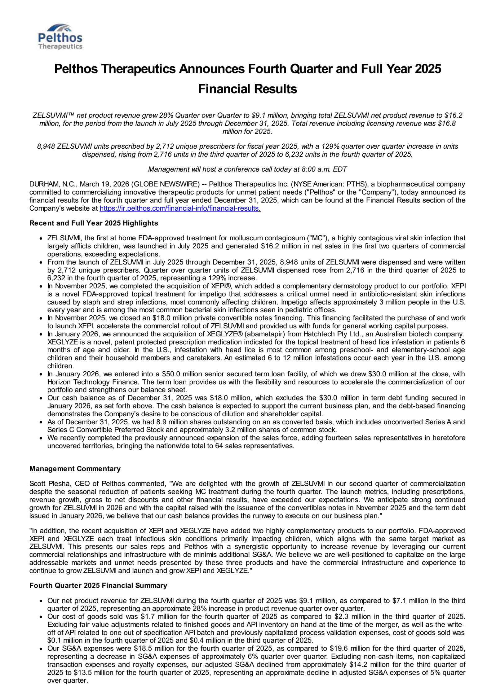 Pelthos Therapeutics' Q4 2025 Press Release