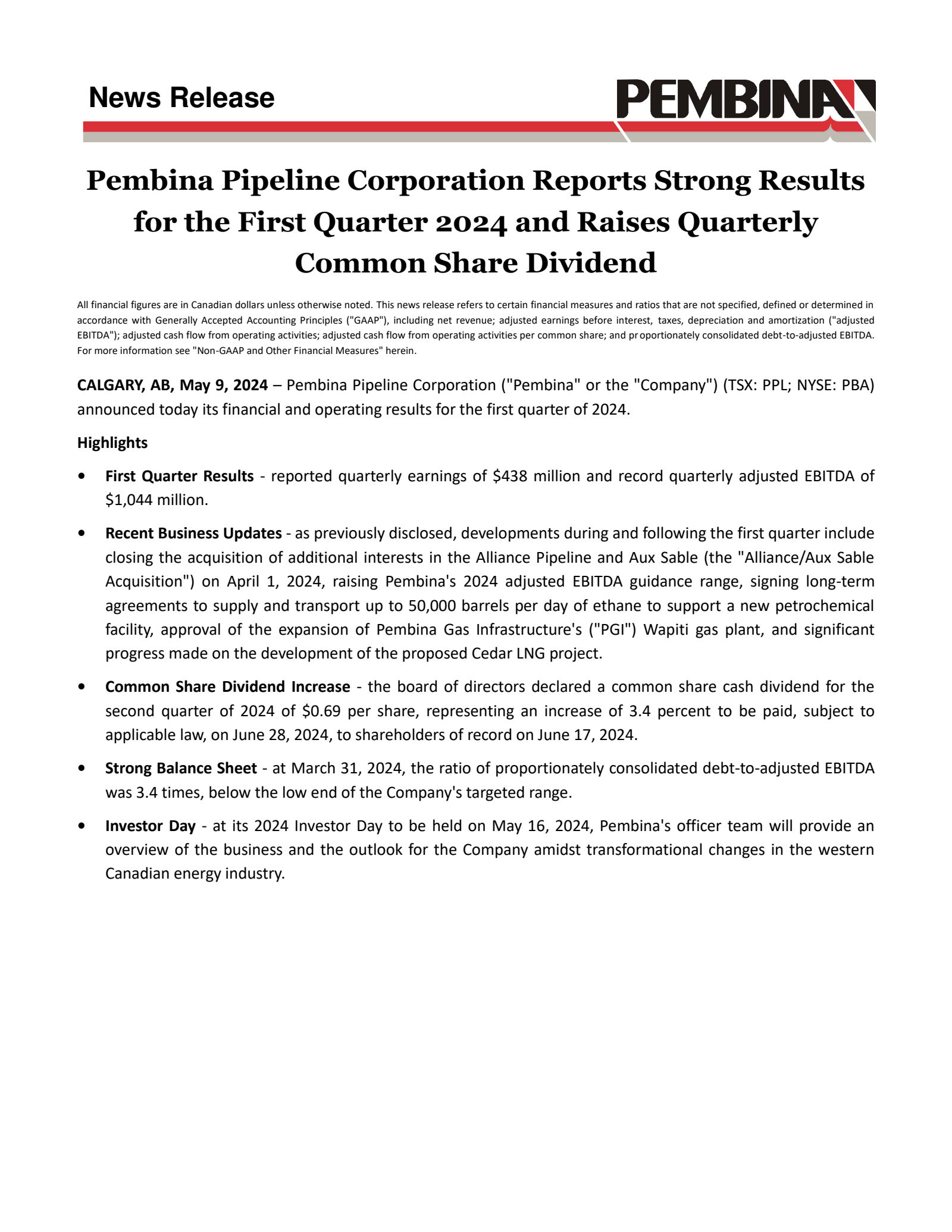 Pembina Pipeline's Q1 2024 Earnings Release