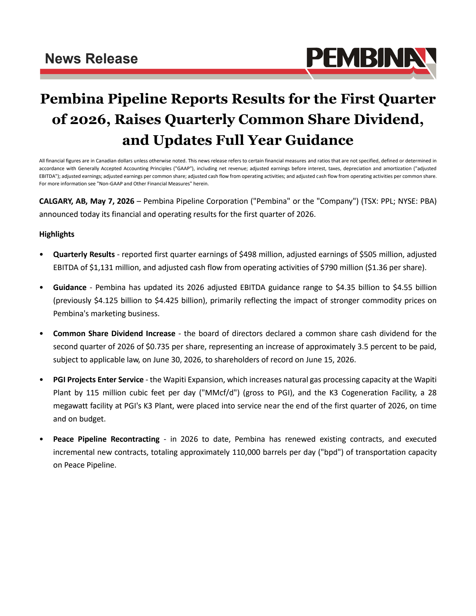 Pembina Pipeline's Q1 2026 Press Release