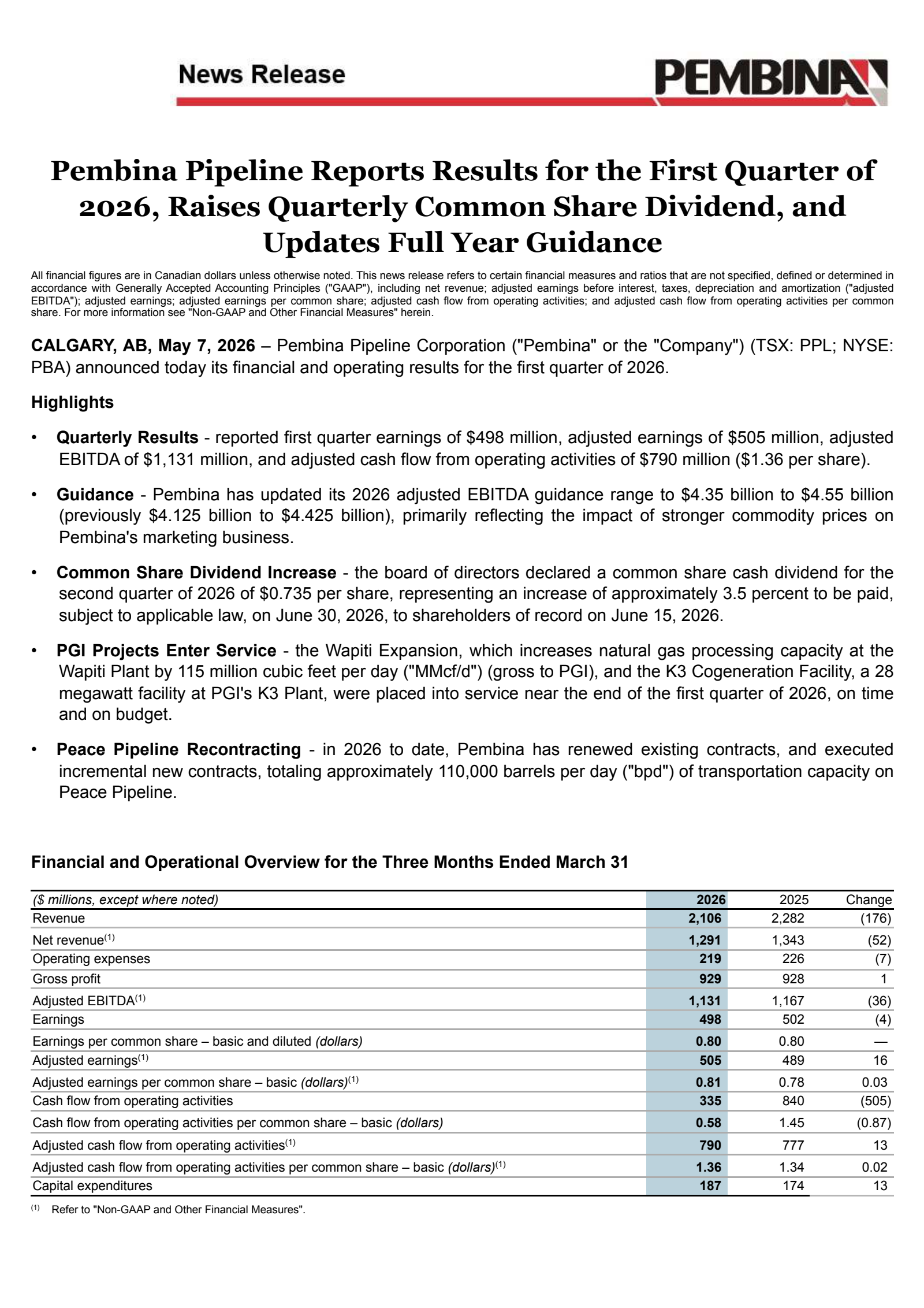 Pembina Pipeline's Q1 2026 Press Release