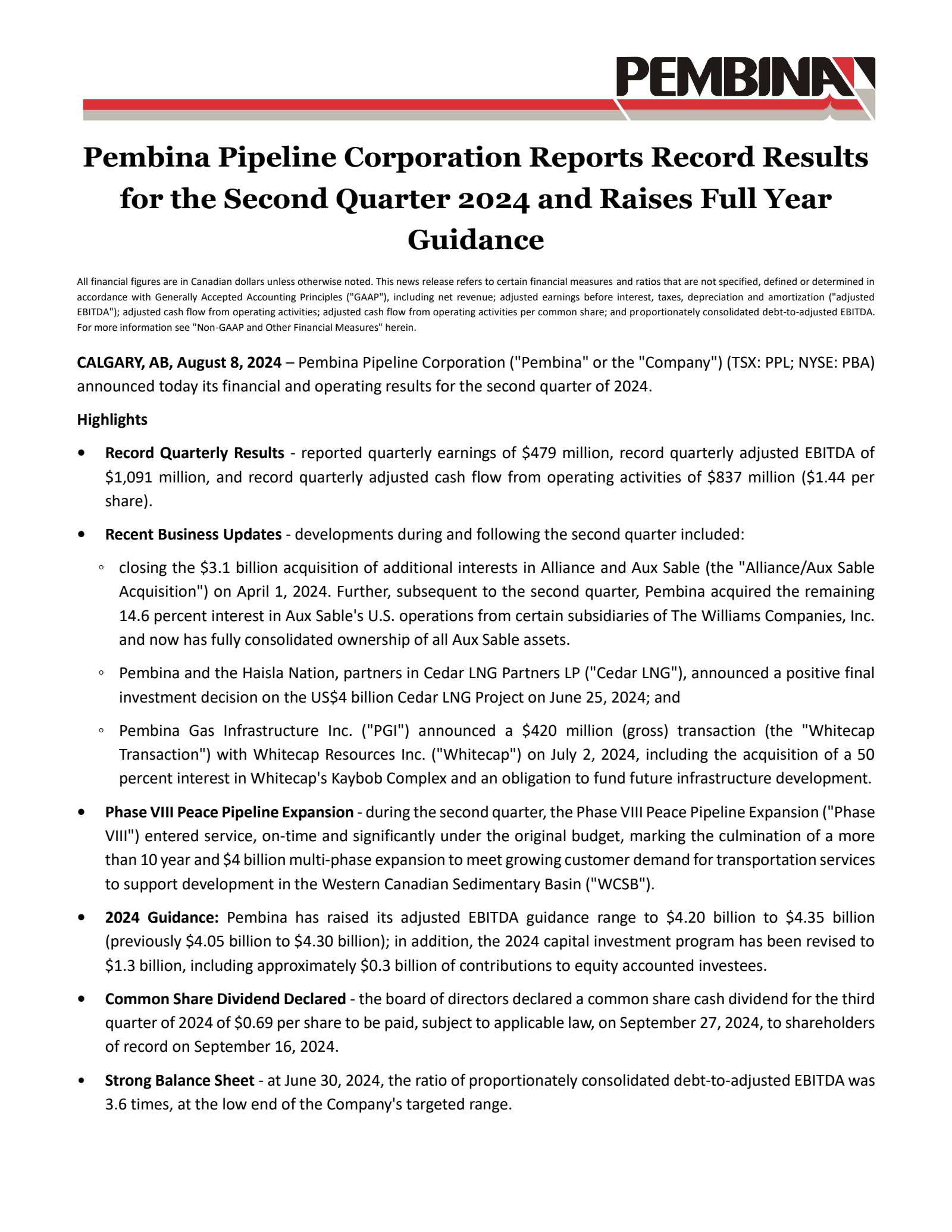 Pembina Pipeline's Q2 2024 Earnings Release