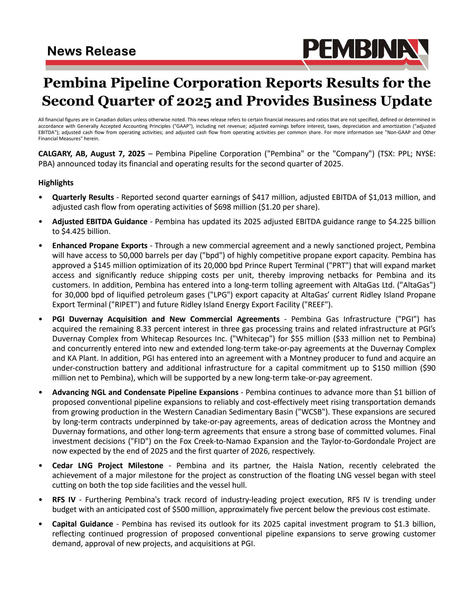 Pembina Pipeline's Q2 2025 Press Release