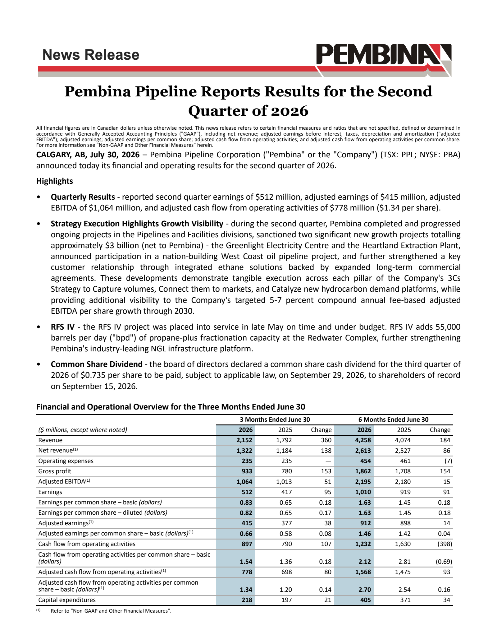 Pembina Pipeline's Q2 2026 Press Release