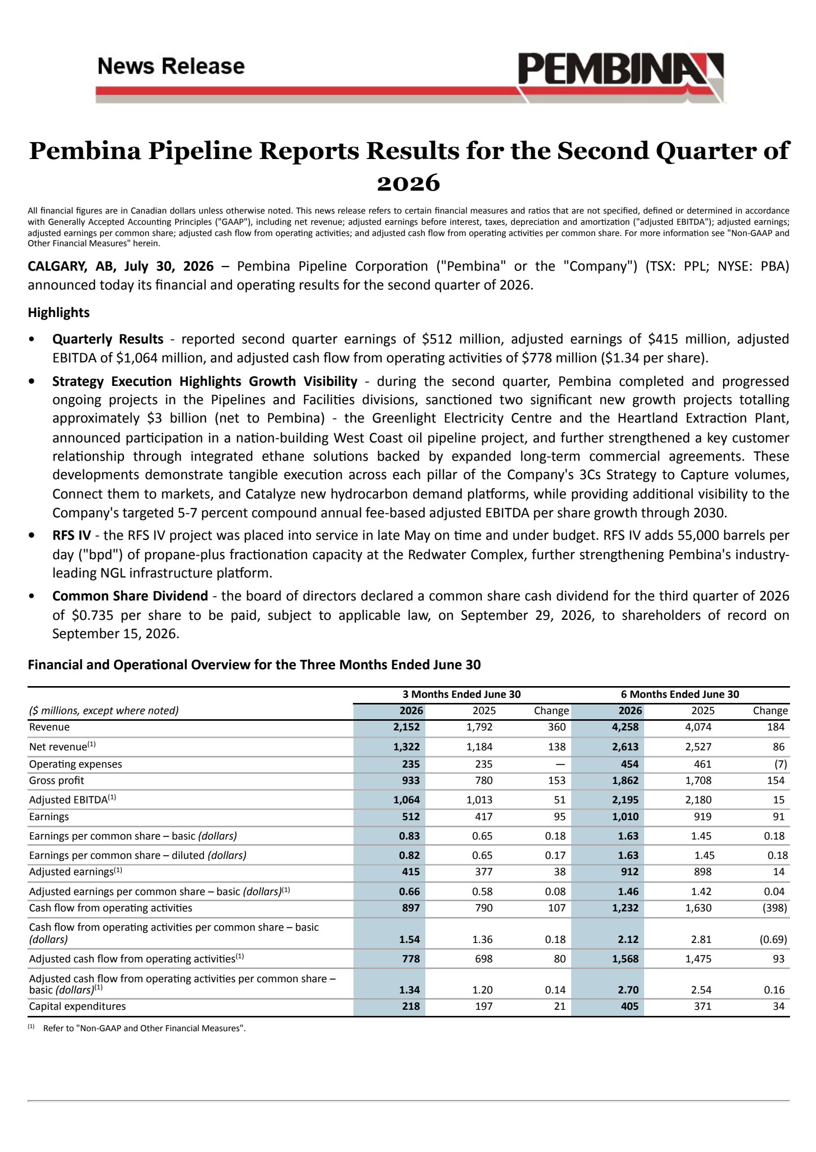 Pembina Pipeline's Q2 2026 Press Release
