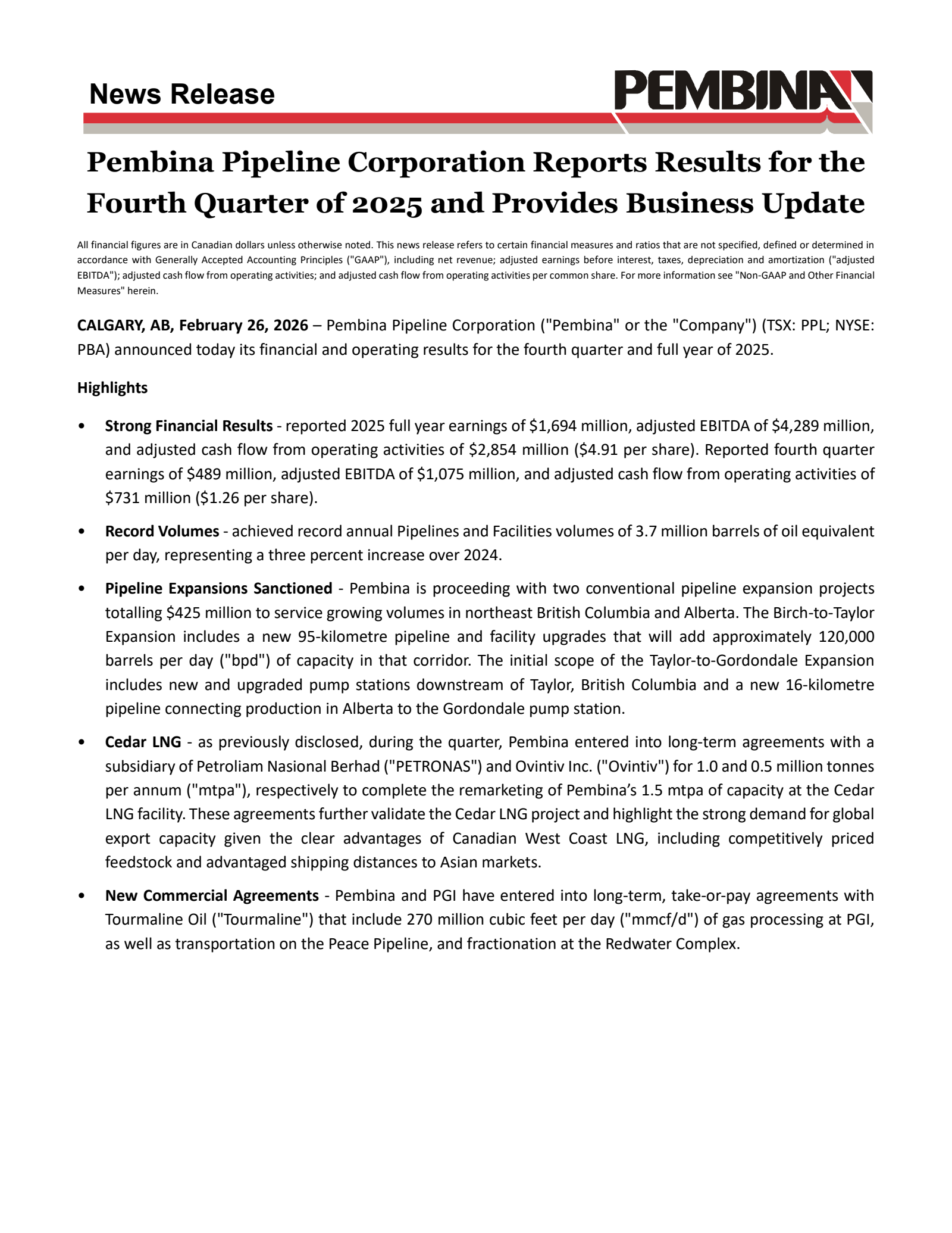Pembina Pipeline's Q4 2025 Press Release