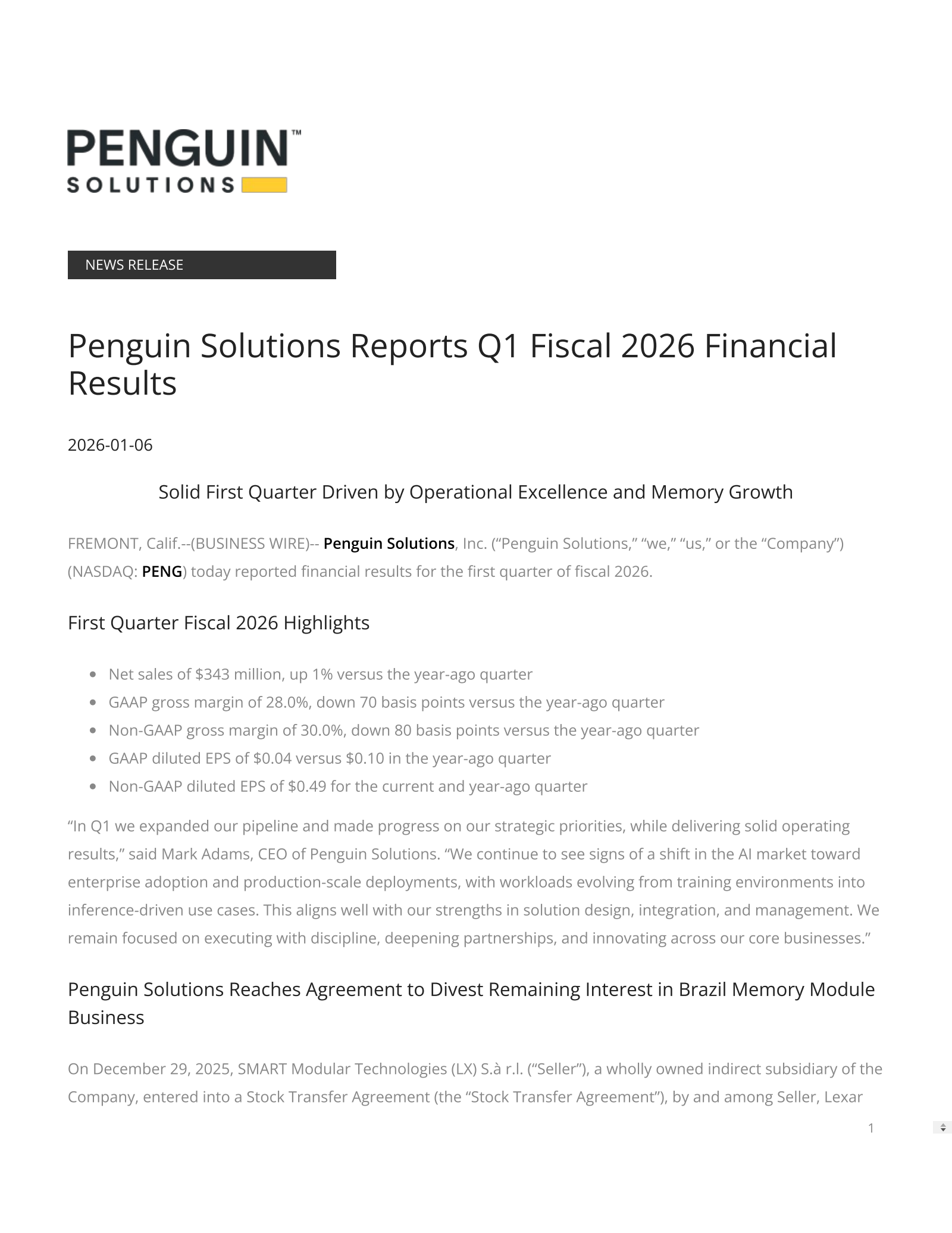 Penguin Solutions' Q1 2026 Earnings Release
