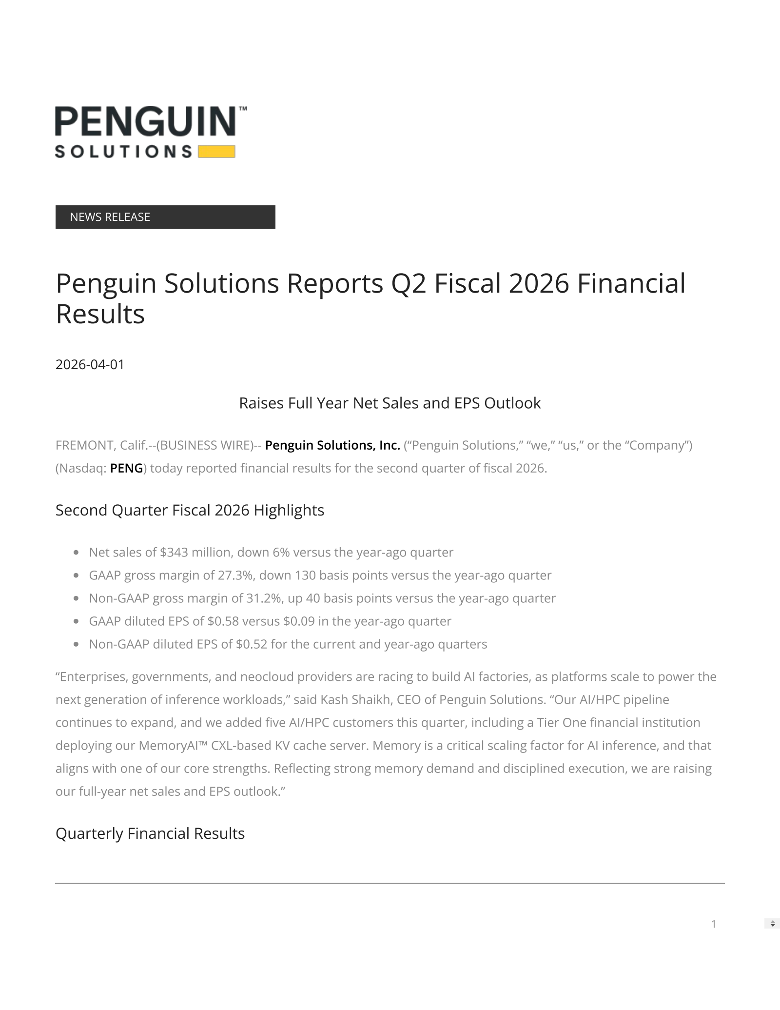 Penguin Solutions' Q2 2026 Press Release