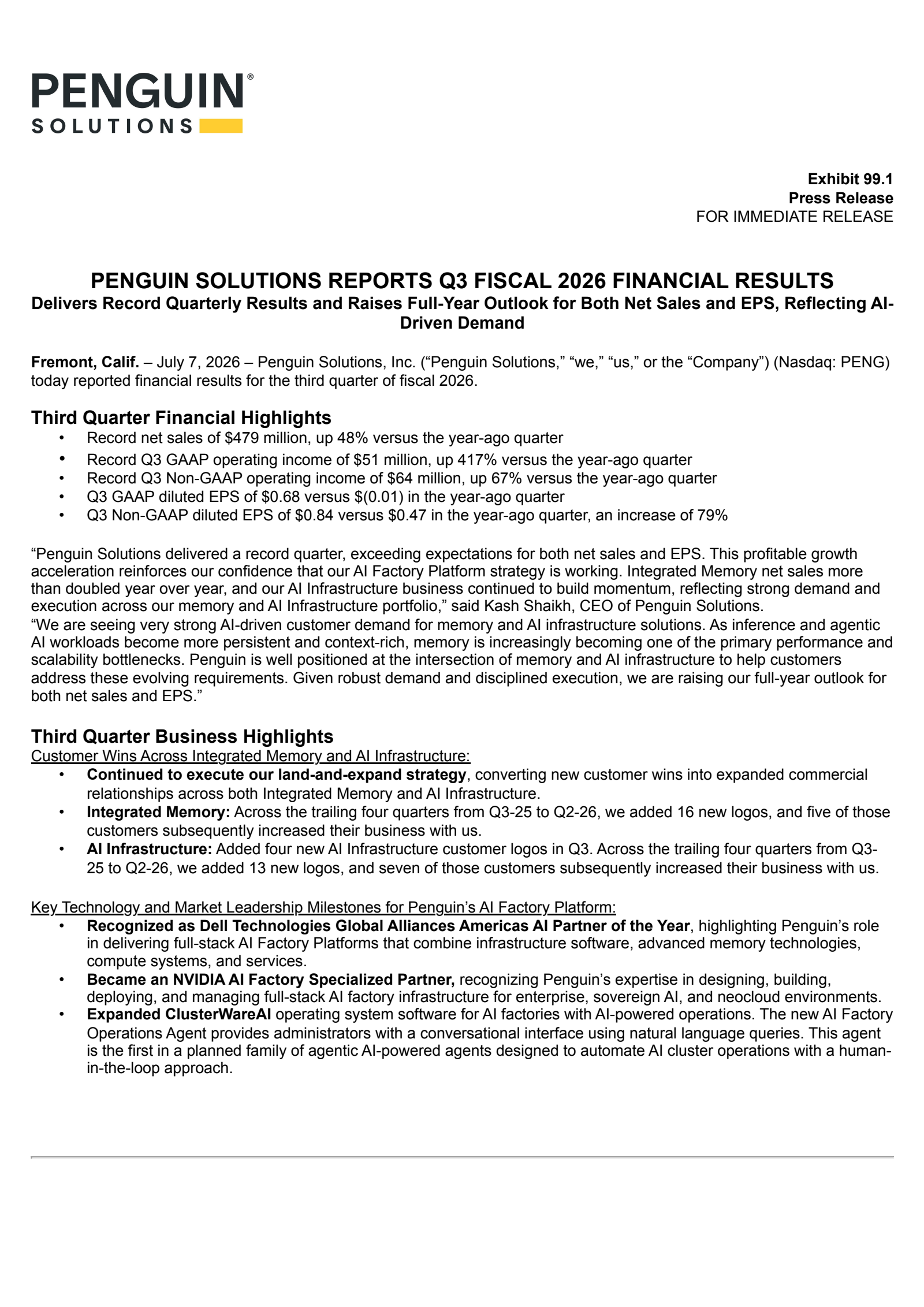 Penguin Solutions' Q3 2026 Press Release