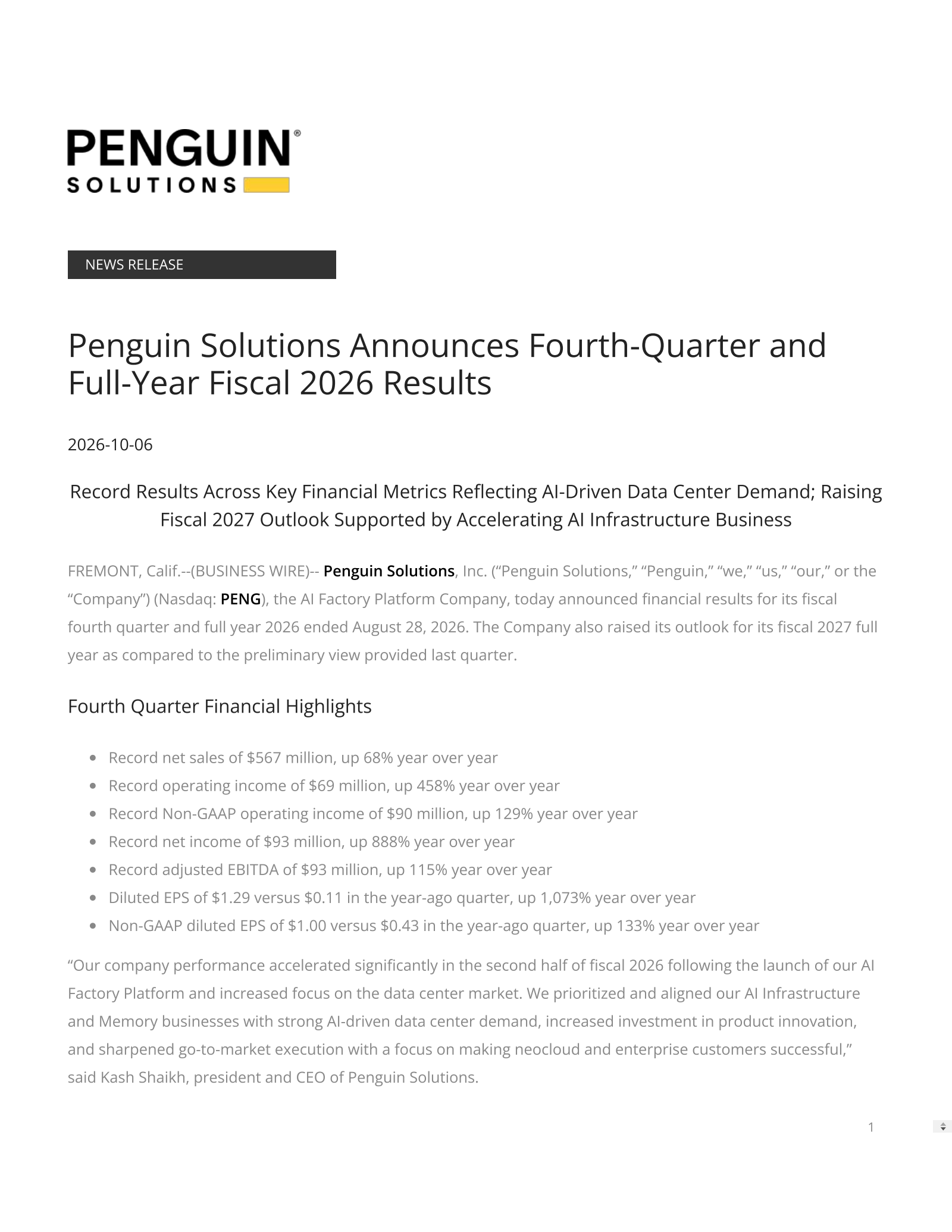 Penguin Solutions' Q4 2026 Press Release