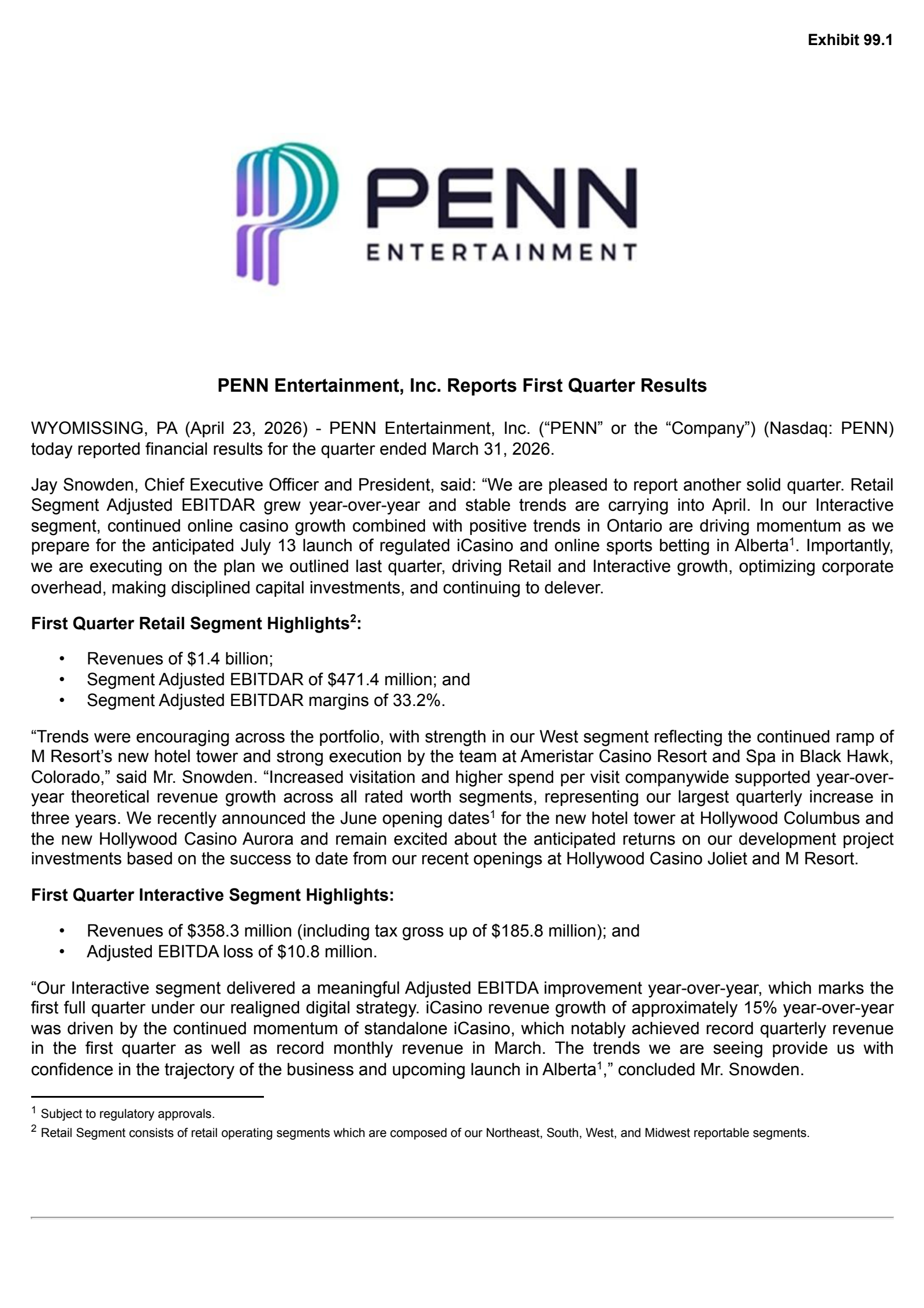 PENN Entertainment's Q1 2026 Press Release