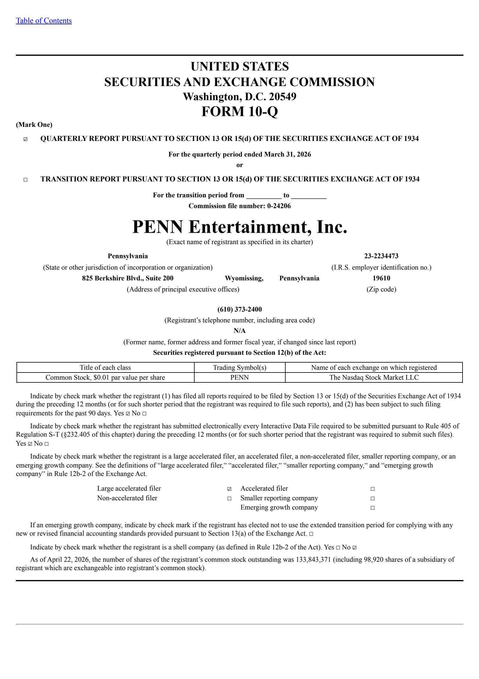 PENN Entertainment's Q1 2026 Quarterly report