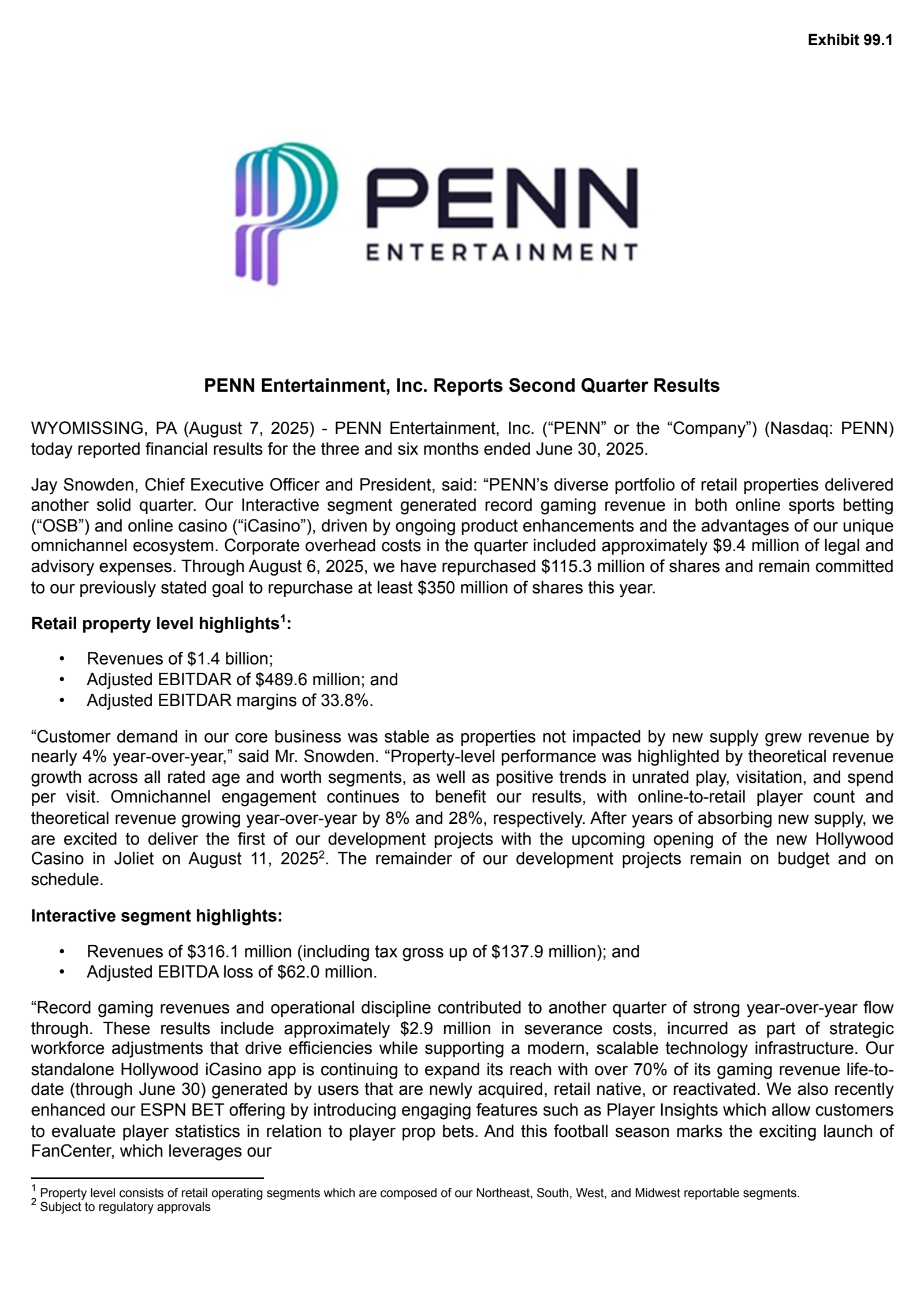 PENN Entertainment's Q2 2025 Press Release