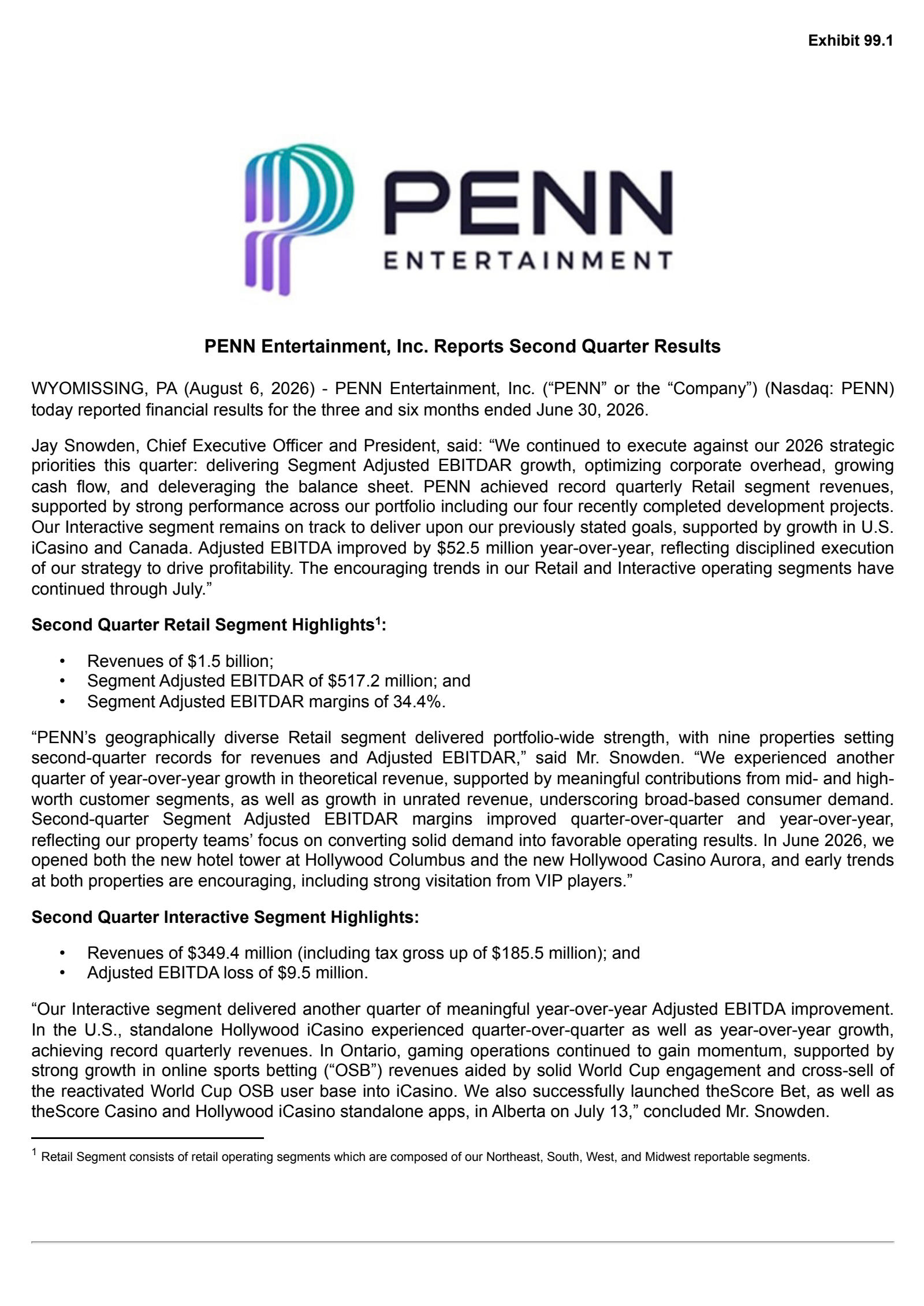 PENN Entertainment's Q2 2026 Press Release