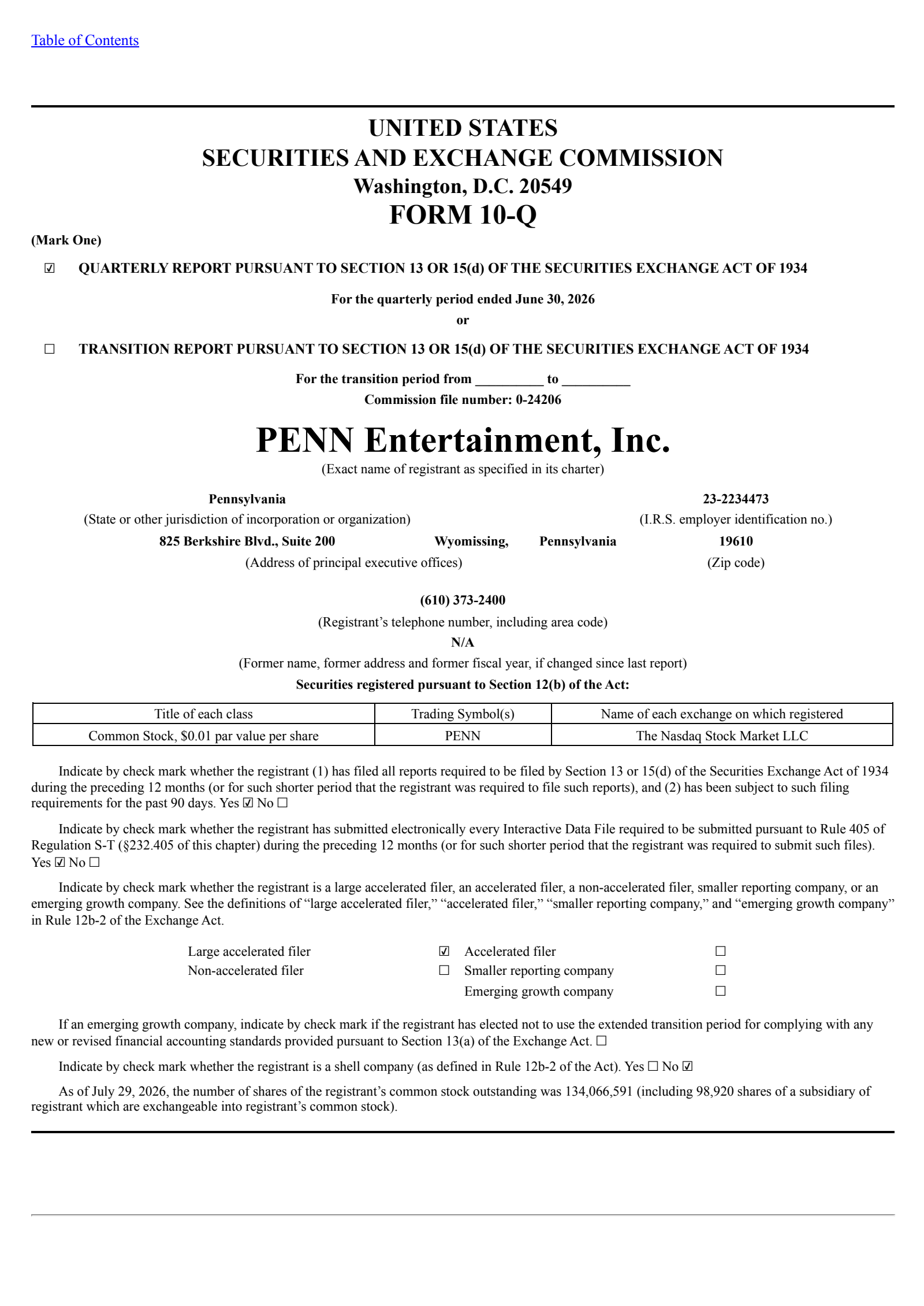 PENN Entertainment's Q2 2026 Quarterly report