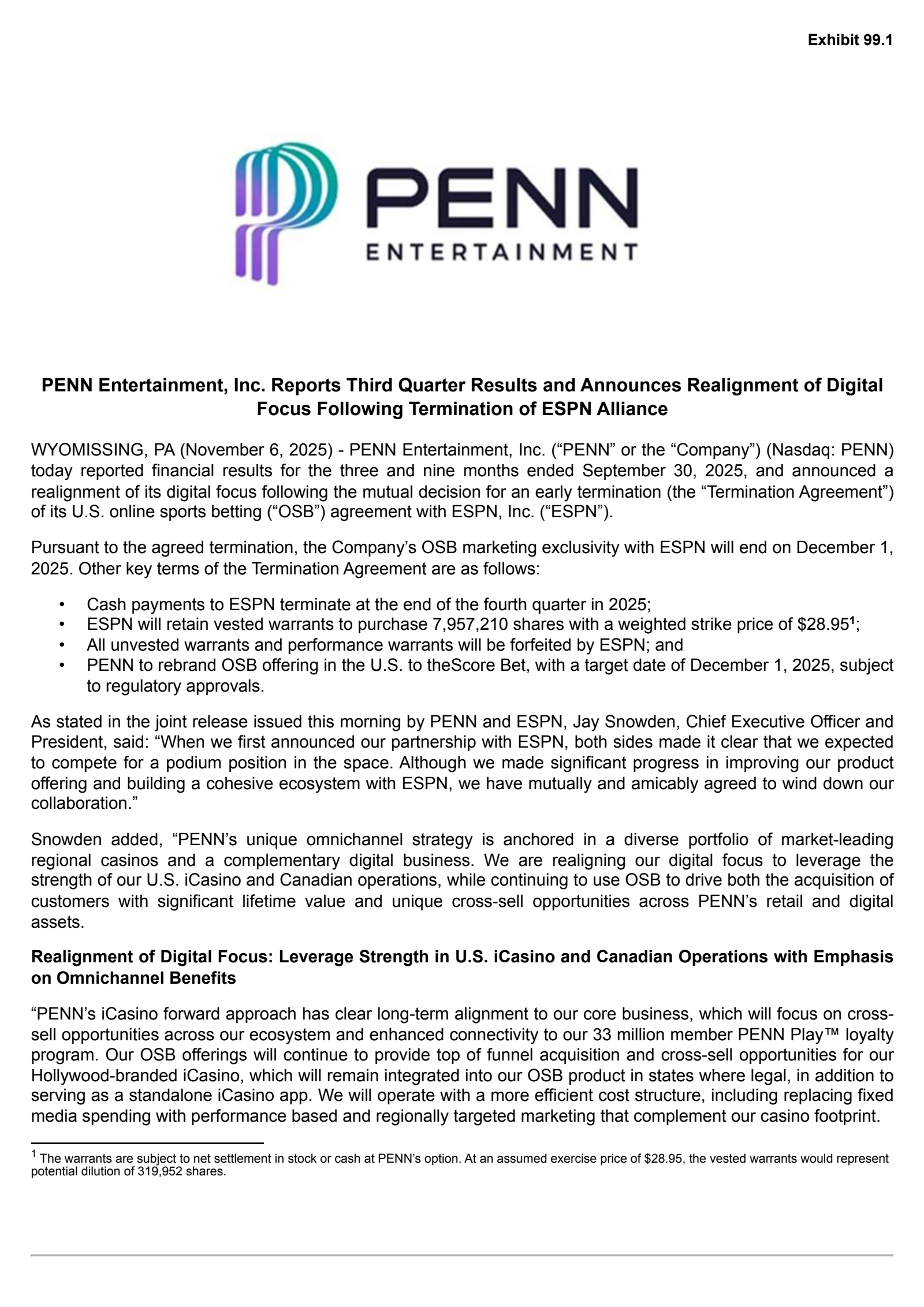 PENN Entertainment's Q3 2025 Earnings Release