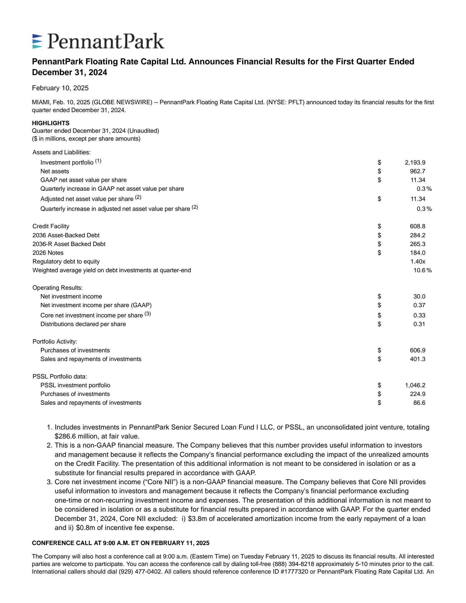 PennantPark Floating Rate Capital's Q1 2025 Press Release