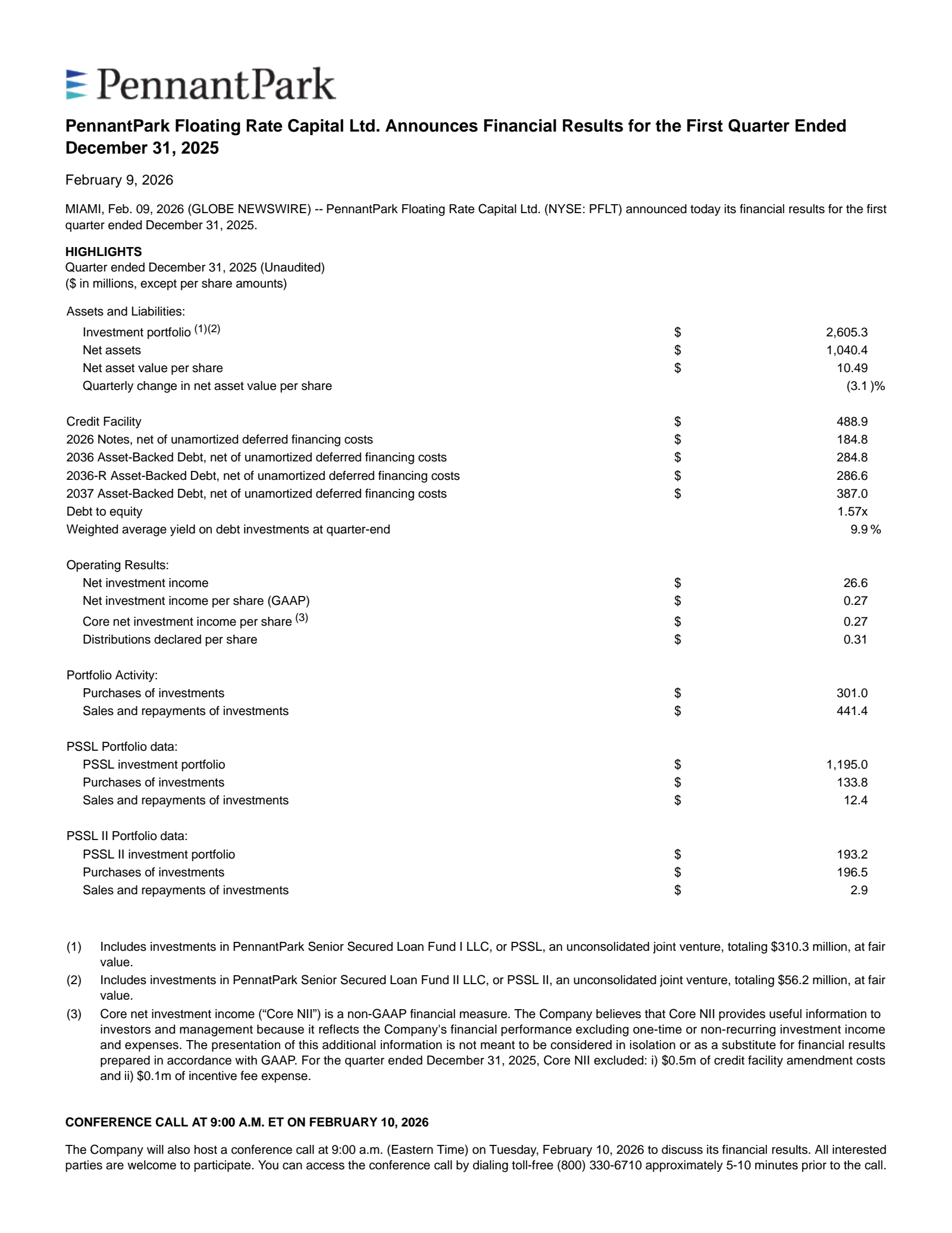 PennantPark Floating Rate Capital's Q1 2026 Press Release