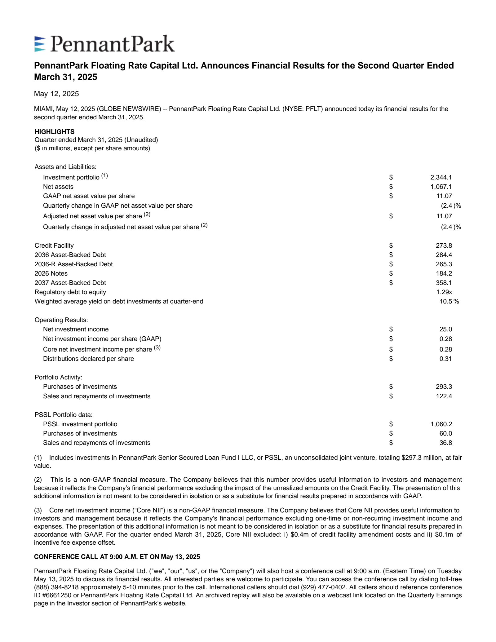 PennantPark Floating Rate Capital's Q2 2025 Press Release