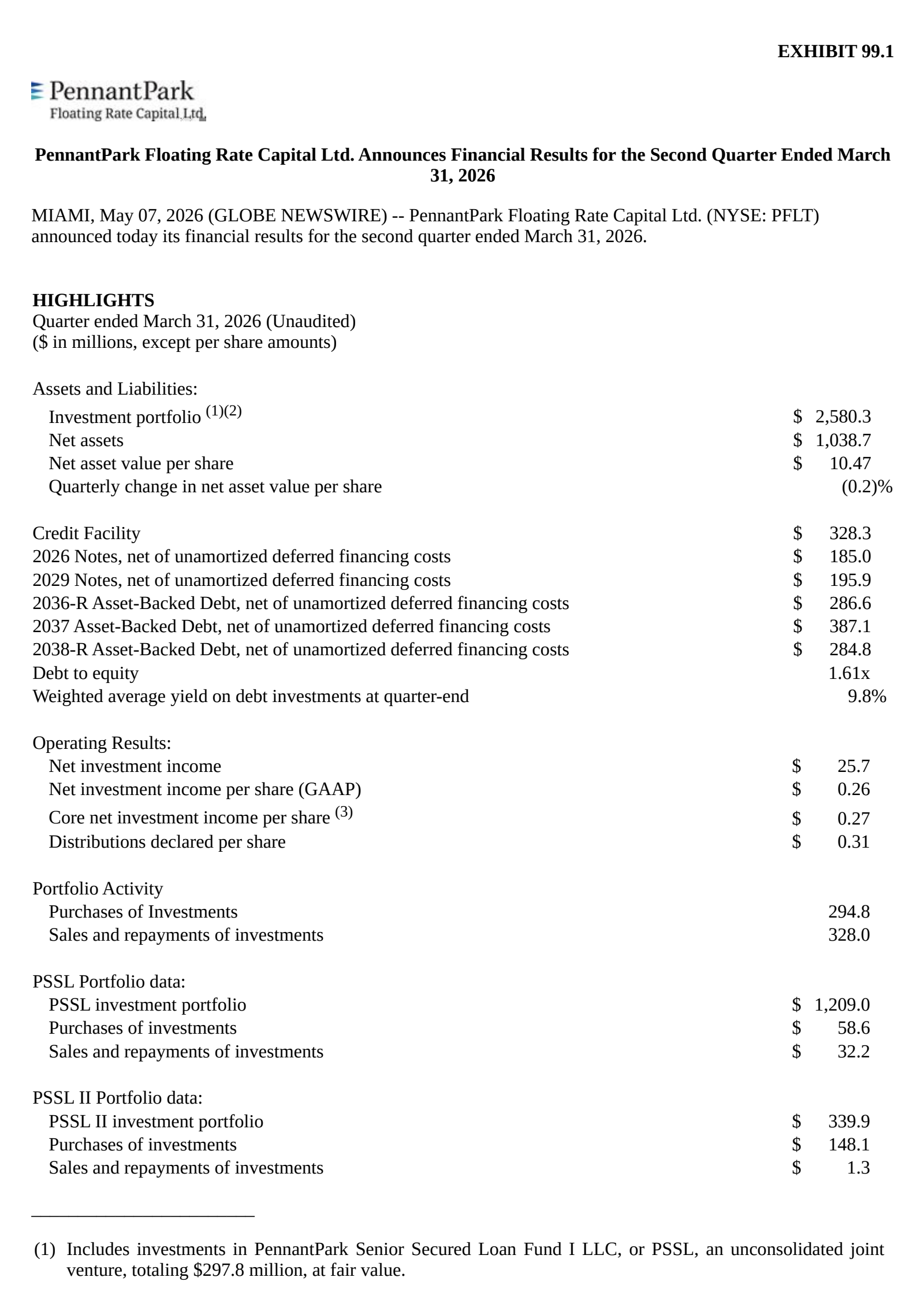 PennantPark Floating Rate Capital's Q2 2026 Press Release