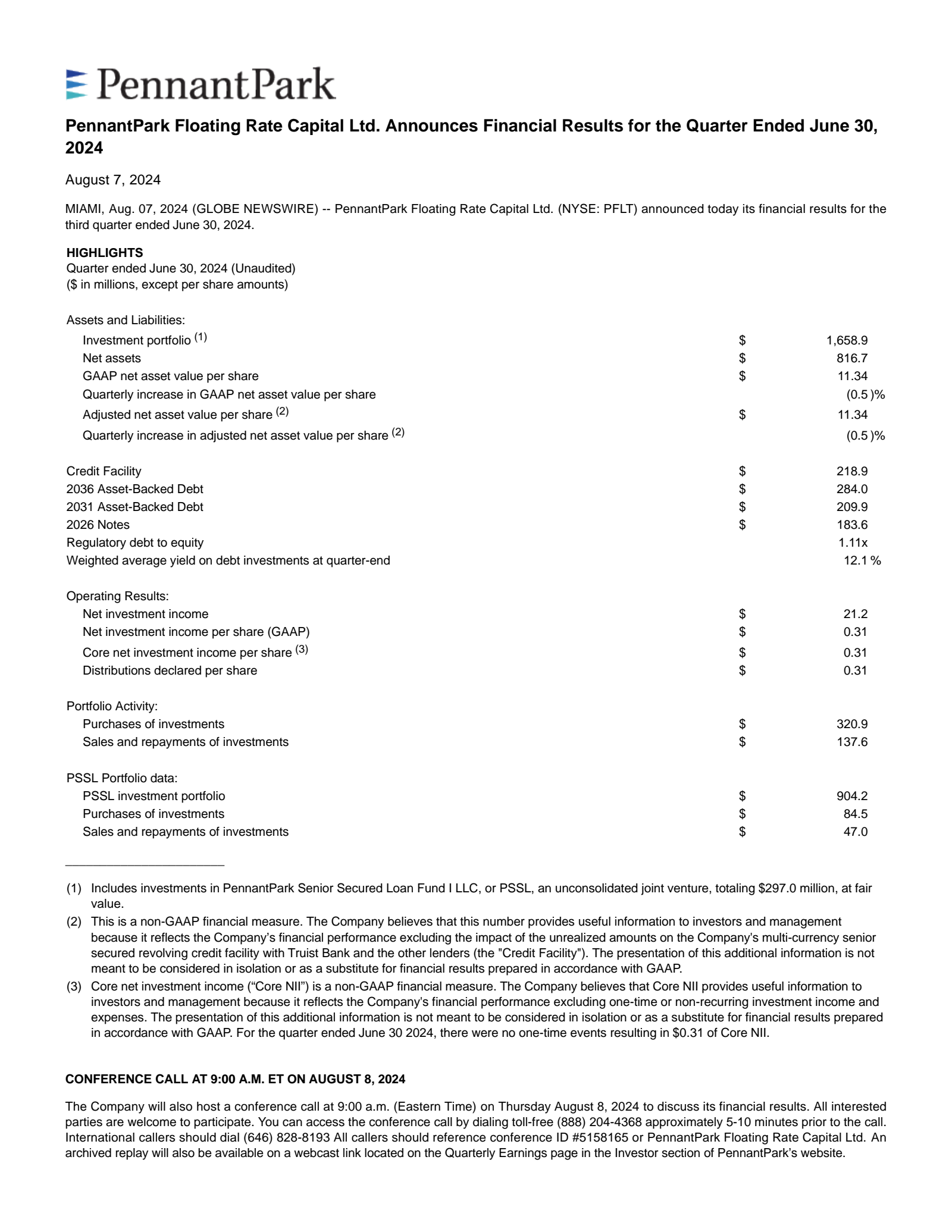 PennantPark Floating Rate Capital's Q3 2024 Press Release