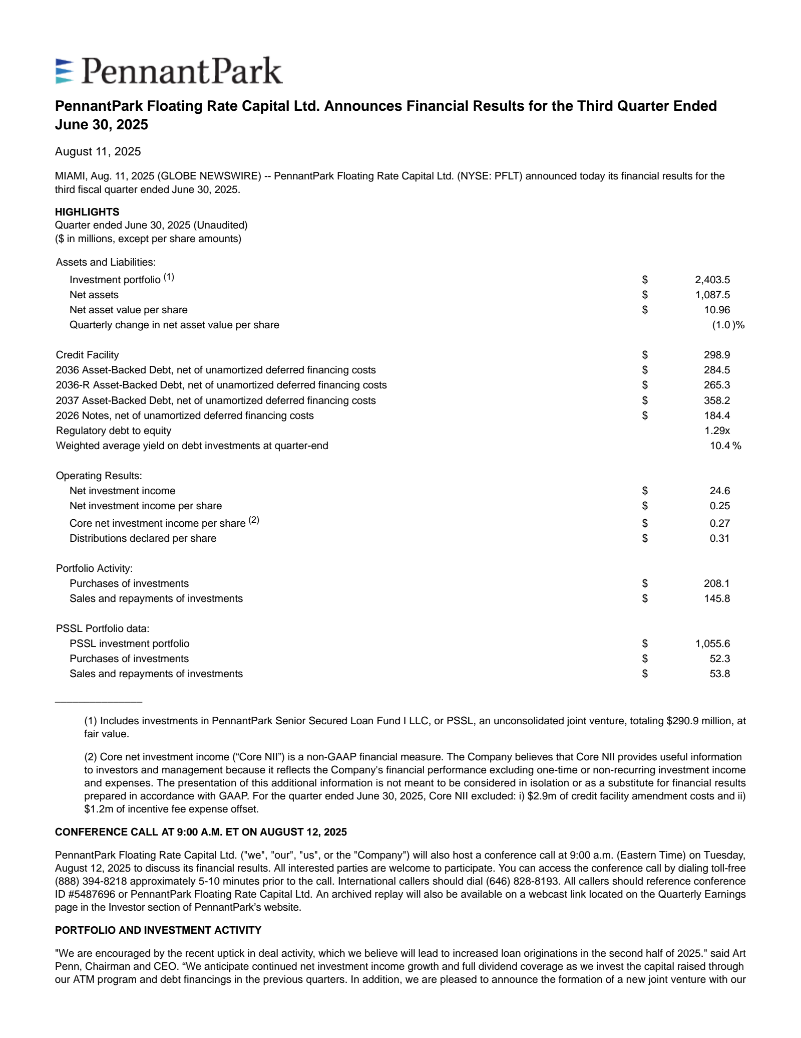 PennantPark Floating Rate Capital's Q3 2025 Press Release