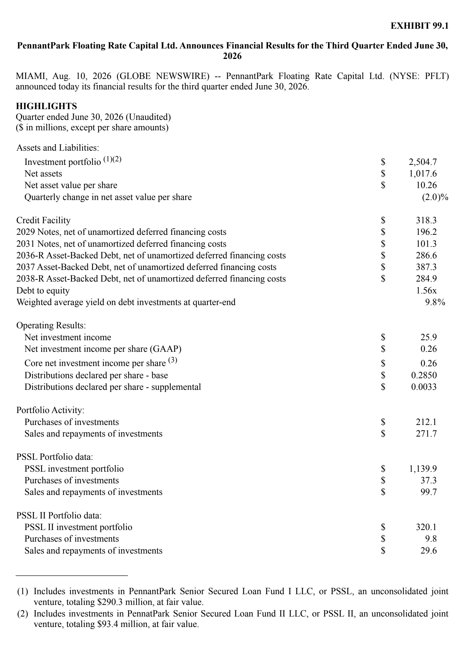 PennantPark Floating Rate Capital's Q3 2026 Press Release