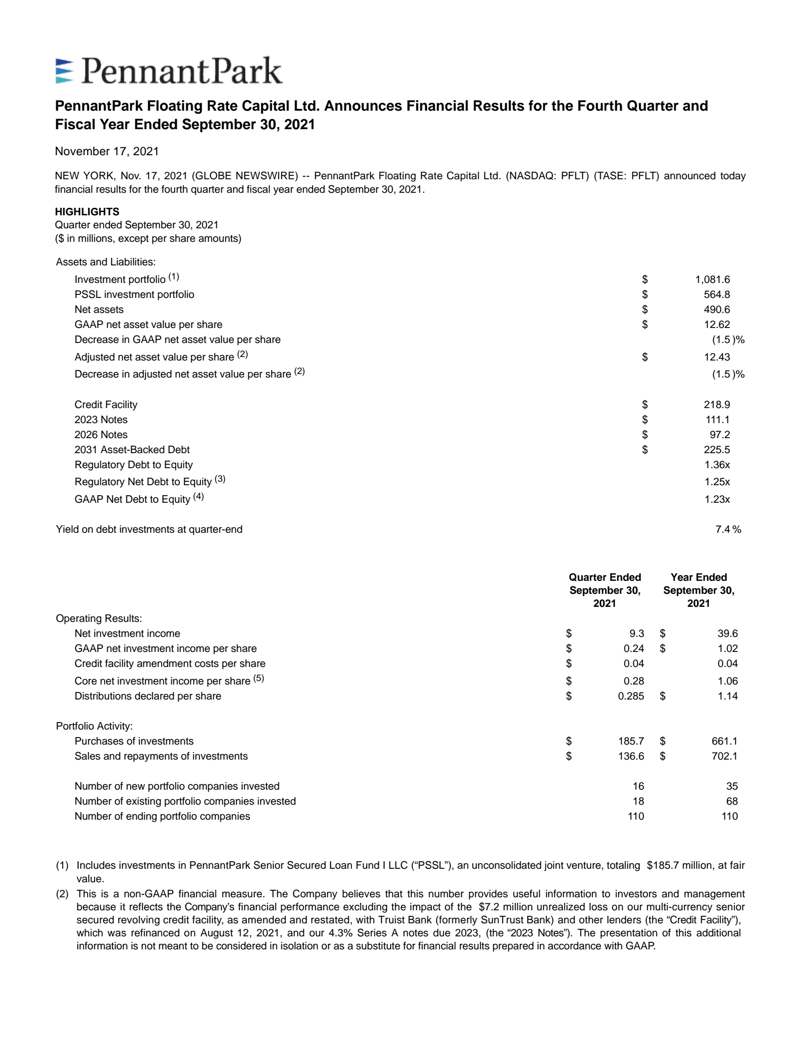 PennantPark Floating Rate Capital's Q4 2021 Earnings Release