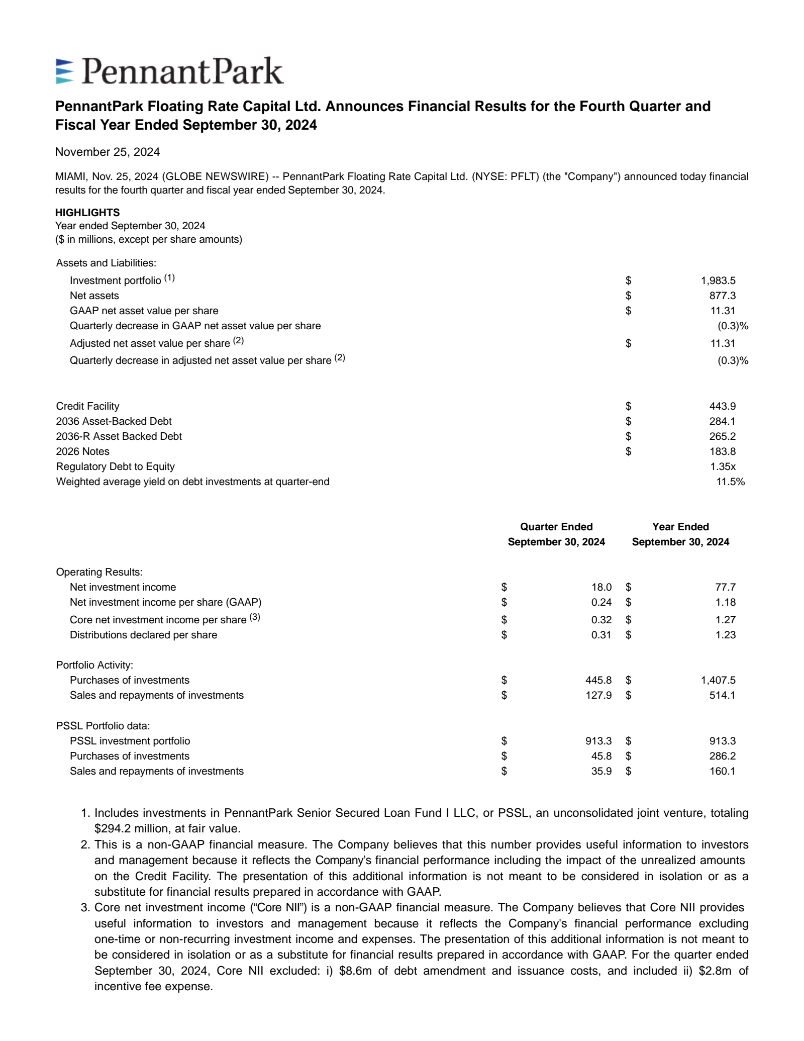 PennantPark Floating Rate Capital's Q4 2024 Press Release