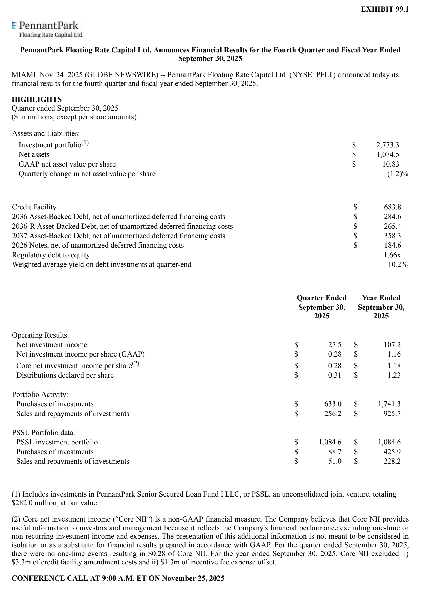 PennantPark Floating Rate Capital's Q4 2025 Press Release