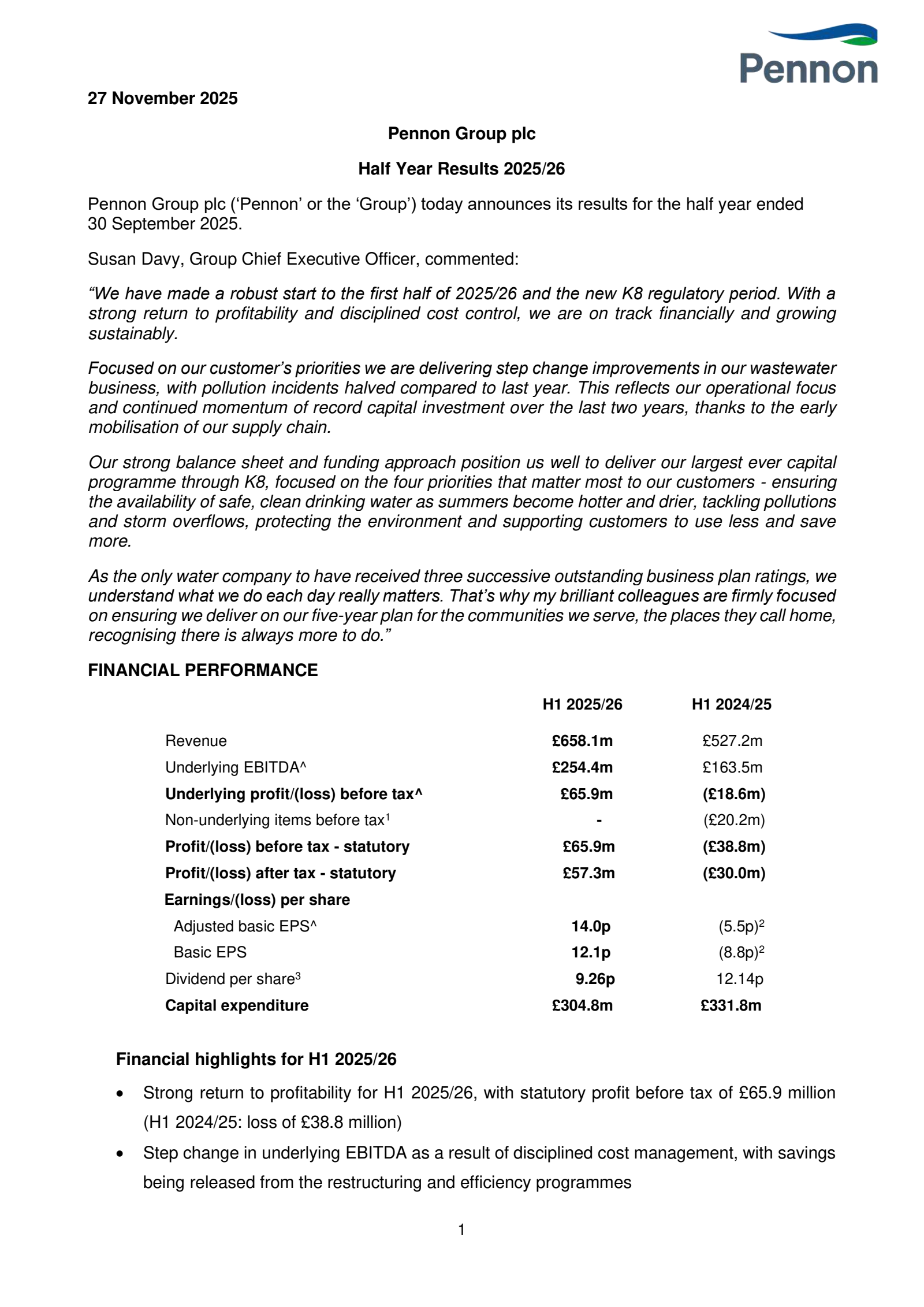Pennon Group's H1 2026 Interim Report