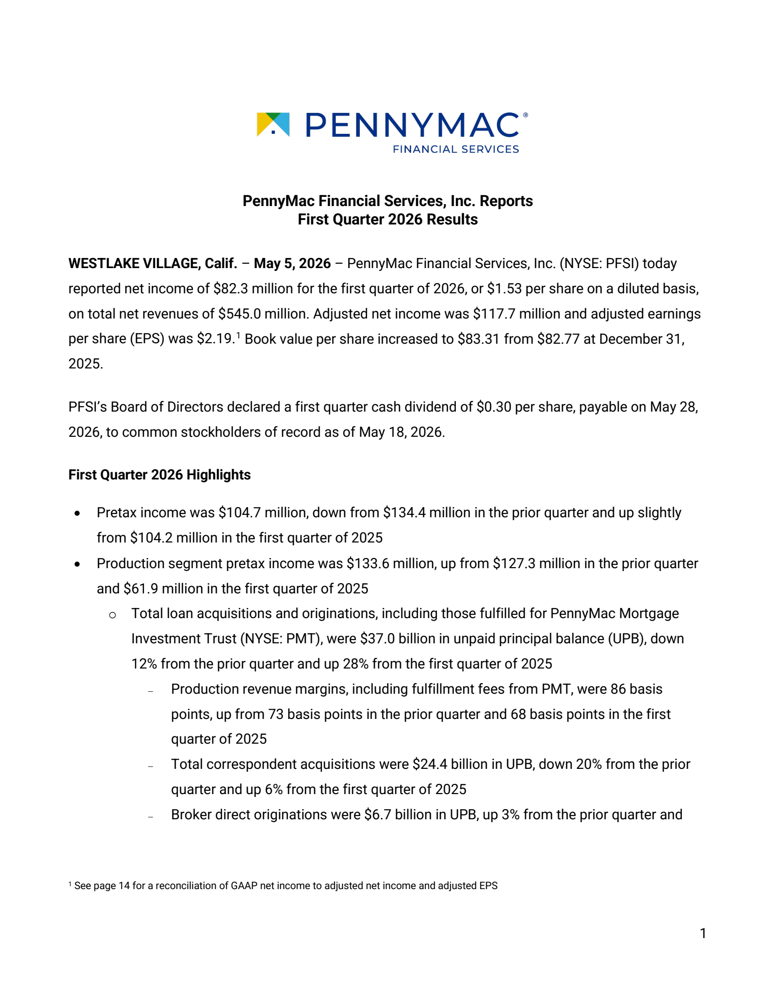 PennyMac Financial Services' Q1 2026 Press Release