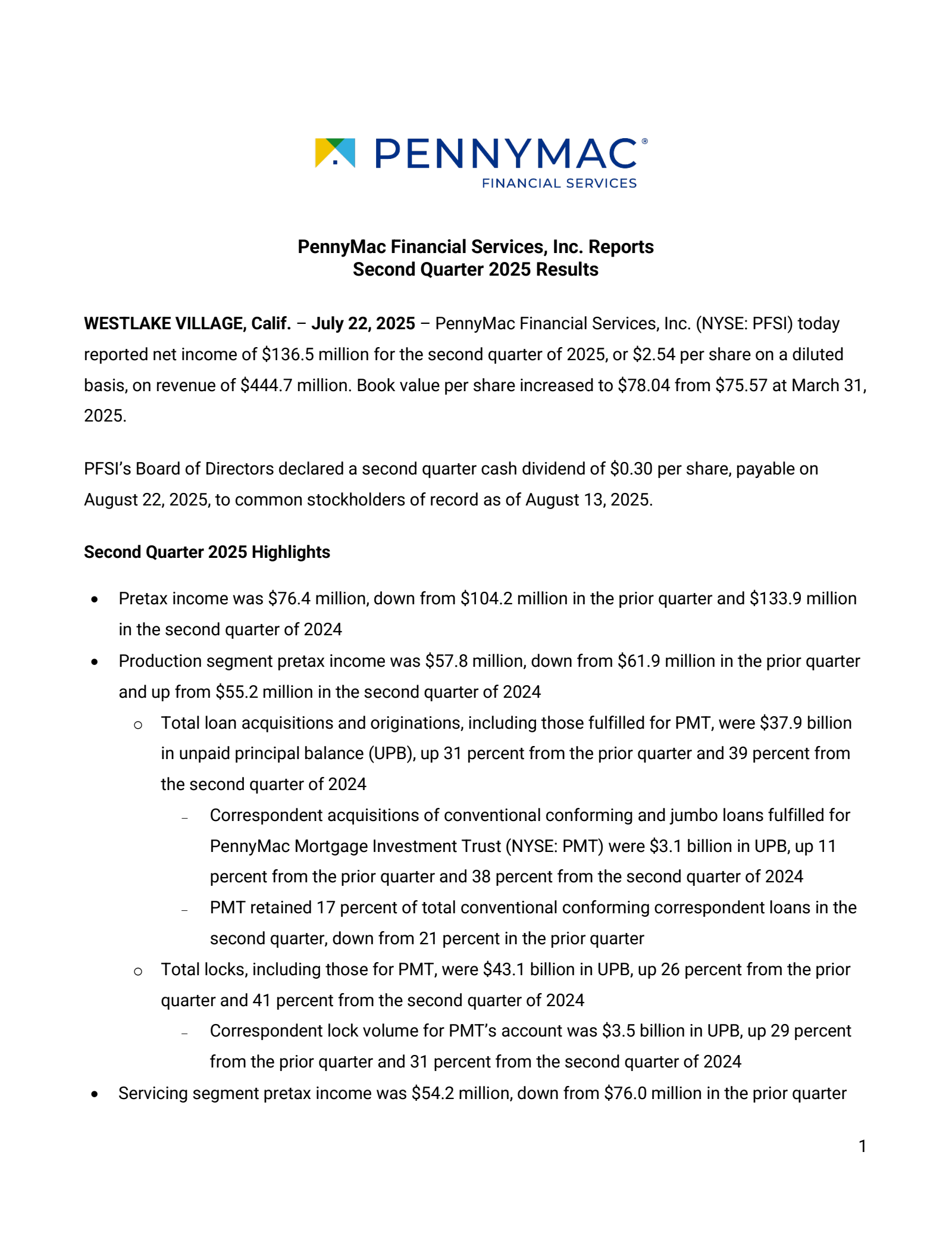 PennyMac Financial Services' Q2 2025 Press Release