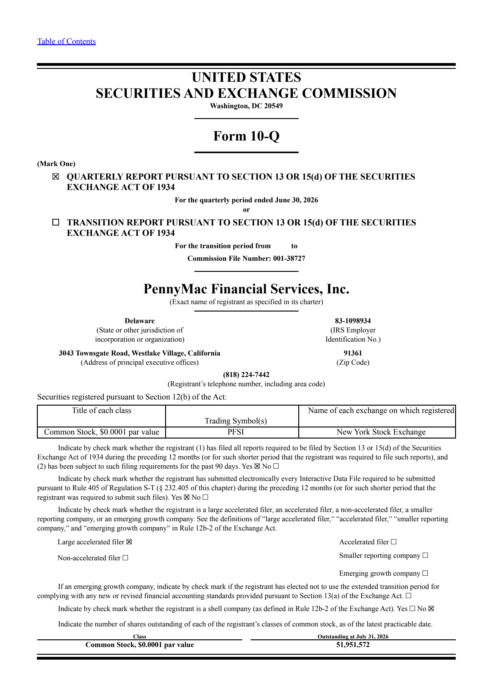 PennyMac Financial Services' Q2 2026 Quarterly report