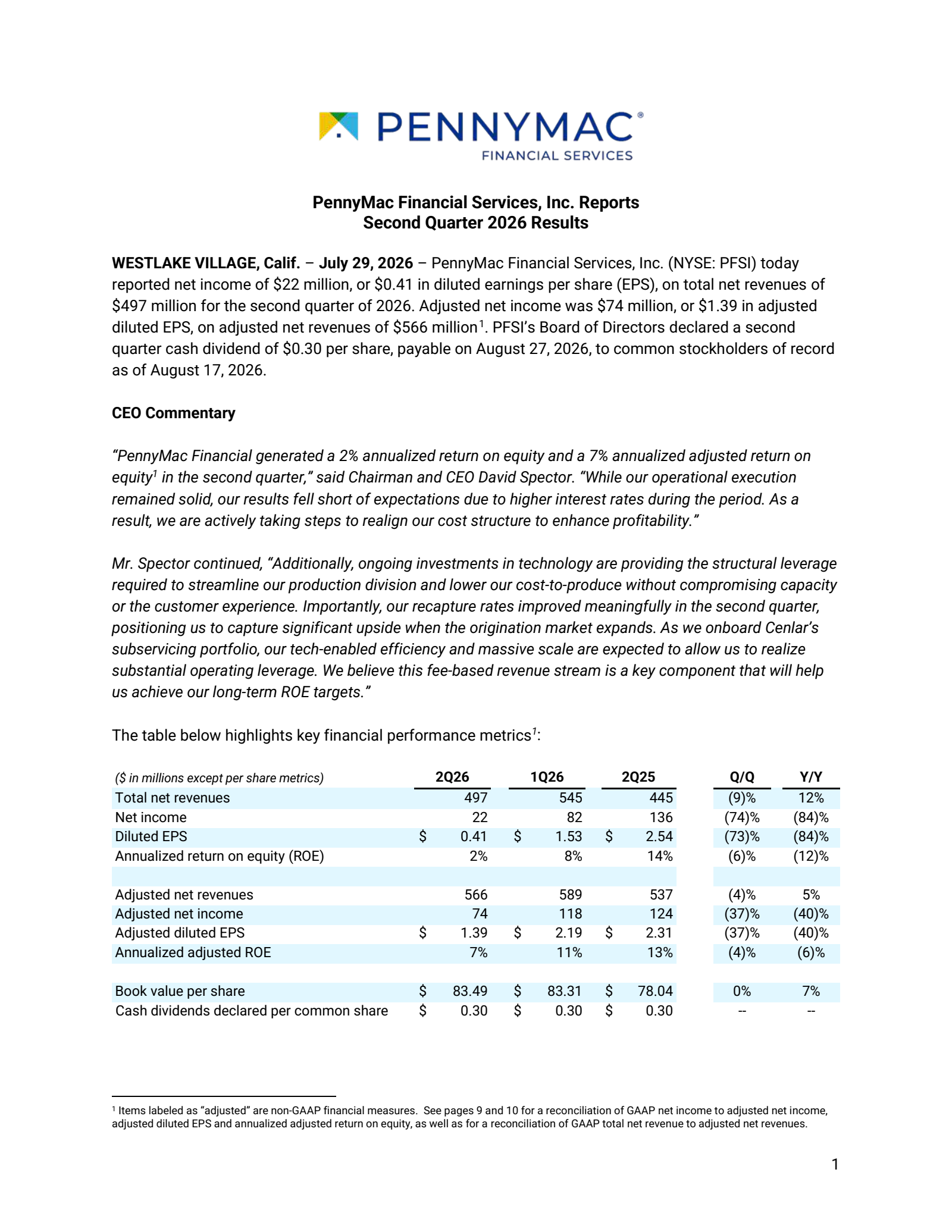 PennyMac Financial Services' Q2 2026 Press Release