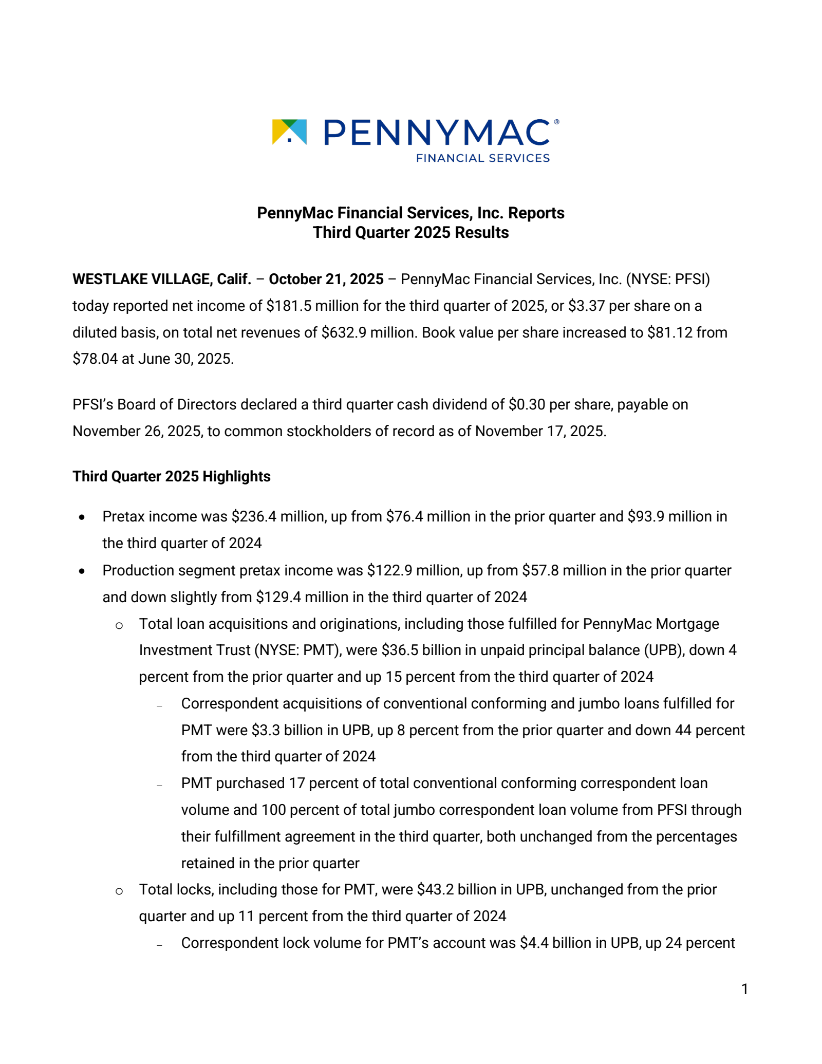 PennyMac Financial Services' Q3 2025 Earnings Release